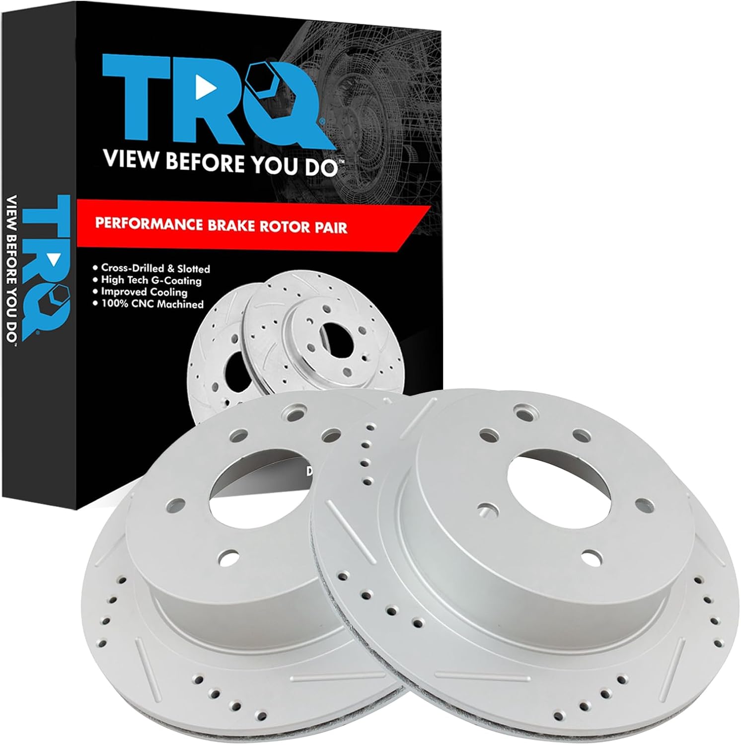 TRQ Rear Performance Brake Rotor Drilled Slotted Pair Set for 2003-2005 Nissan 350Z / 2003-2004 Infiniti G35 / 2011-2017 Nissan Leaf / 2008-2017 Nissan Rogue