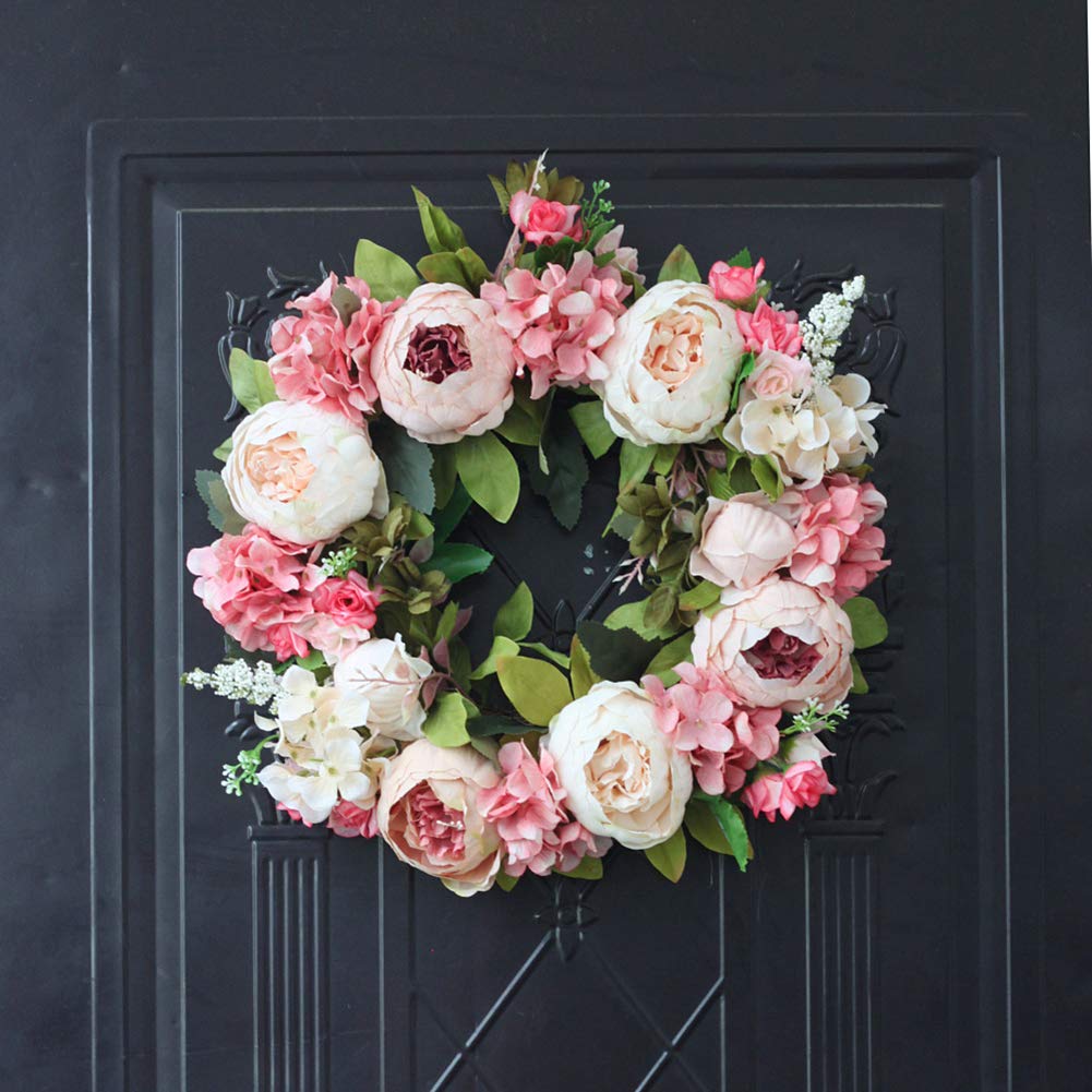 Künstlicher Kranz mit Blumen und Blätter,Dekorativer Wandkranz Türkranz Eukalyptus Künstlich Kunstpflanzen Pflanzengirlande Deko Frühling für Hochzeit Haustür Fenster Kamin Wanddekoration,PPfingstrose