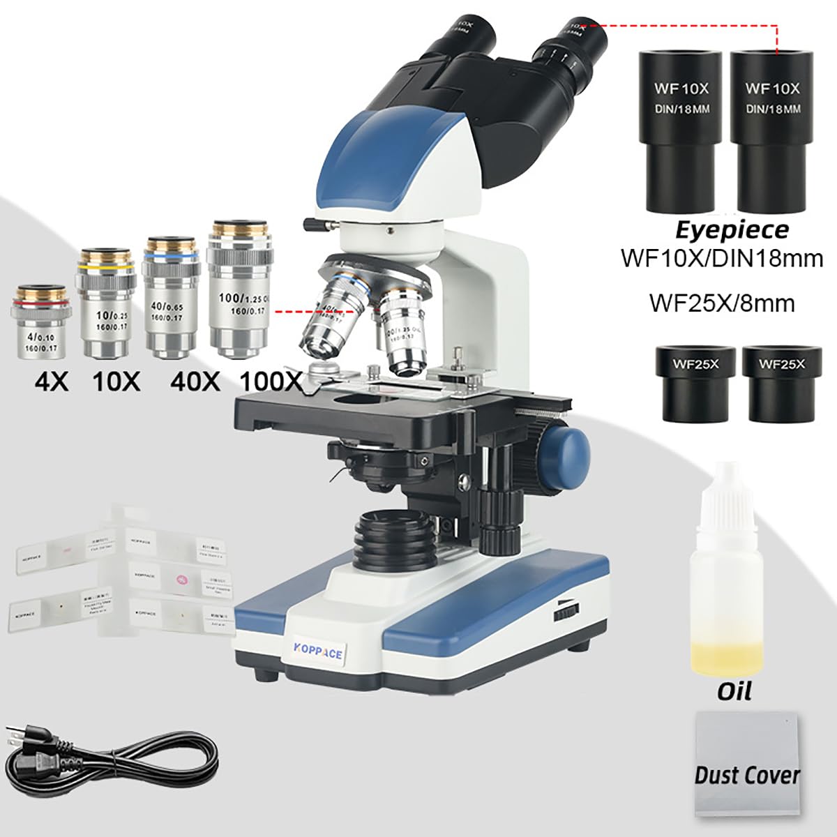 Microscopio biológico Profesional, Equipos y Suministros de Laboratorio, 40X-2500X/4*Objetivo/4*Ocular, con Condensador Abbe, Fuente de luz LED hacia Arriba y hacia Abajo