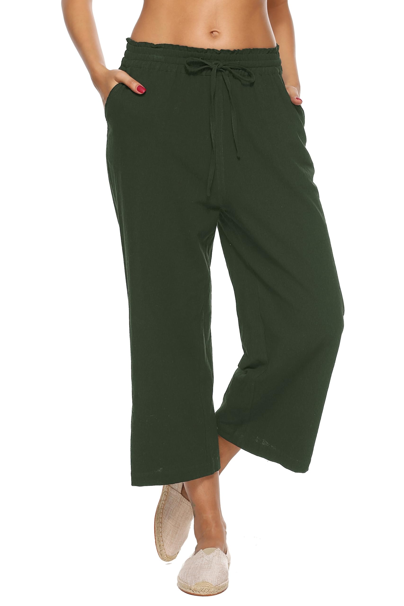 LNX Womens Linen Capri Pants Wide Leg High Waisted Drawstring Casual Cropped Pants with Pockets