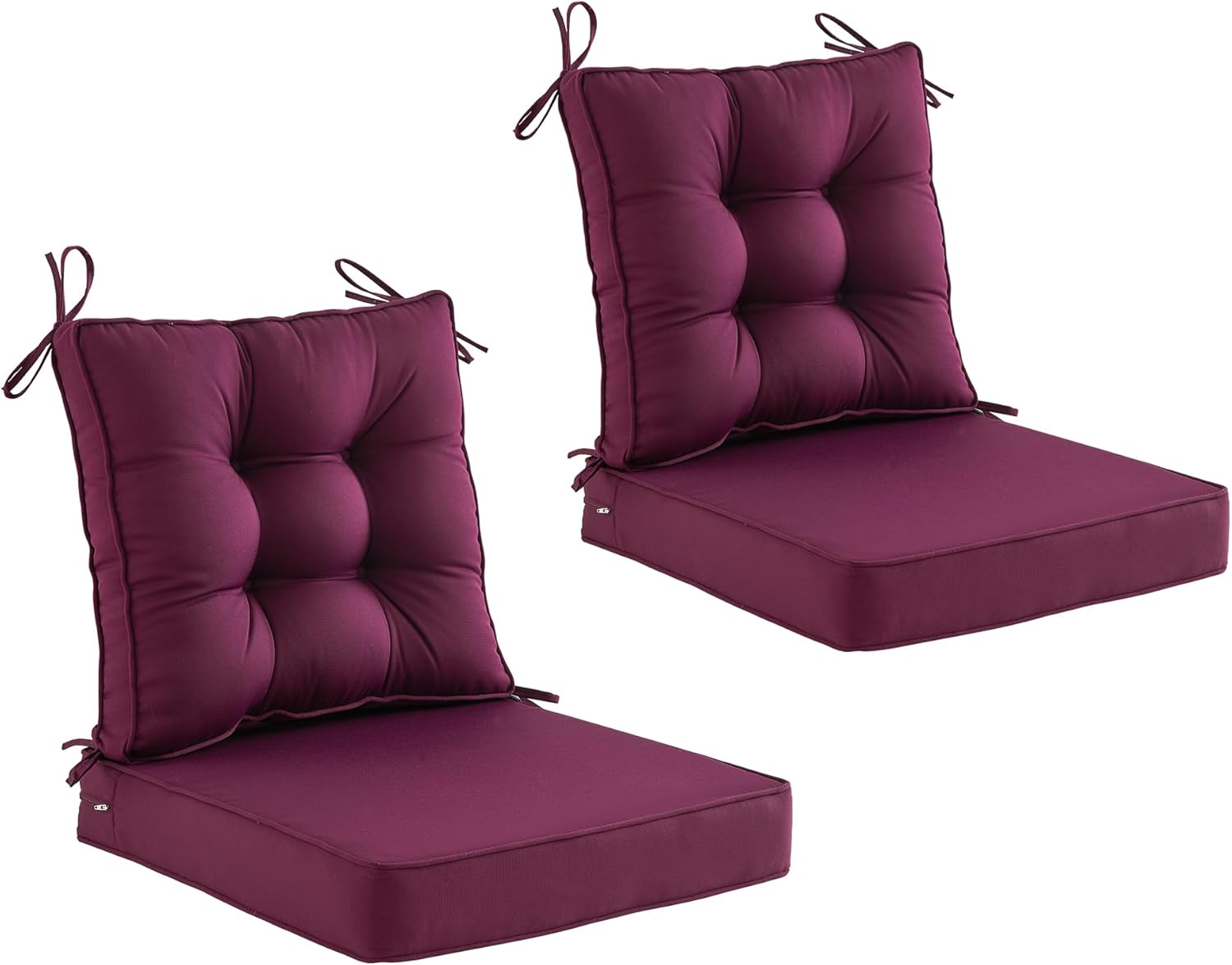Deep Seat Cushions for Outdoor Furniture,Set of 2,Extra Thick:24"x24"x4",Tufted Low Back 22"x24"x6", Double Piping Removable Patio Chair Cushions with Ties,Plum