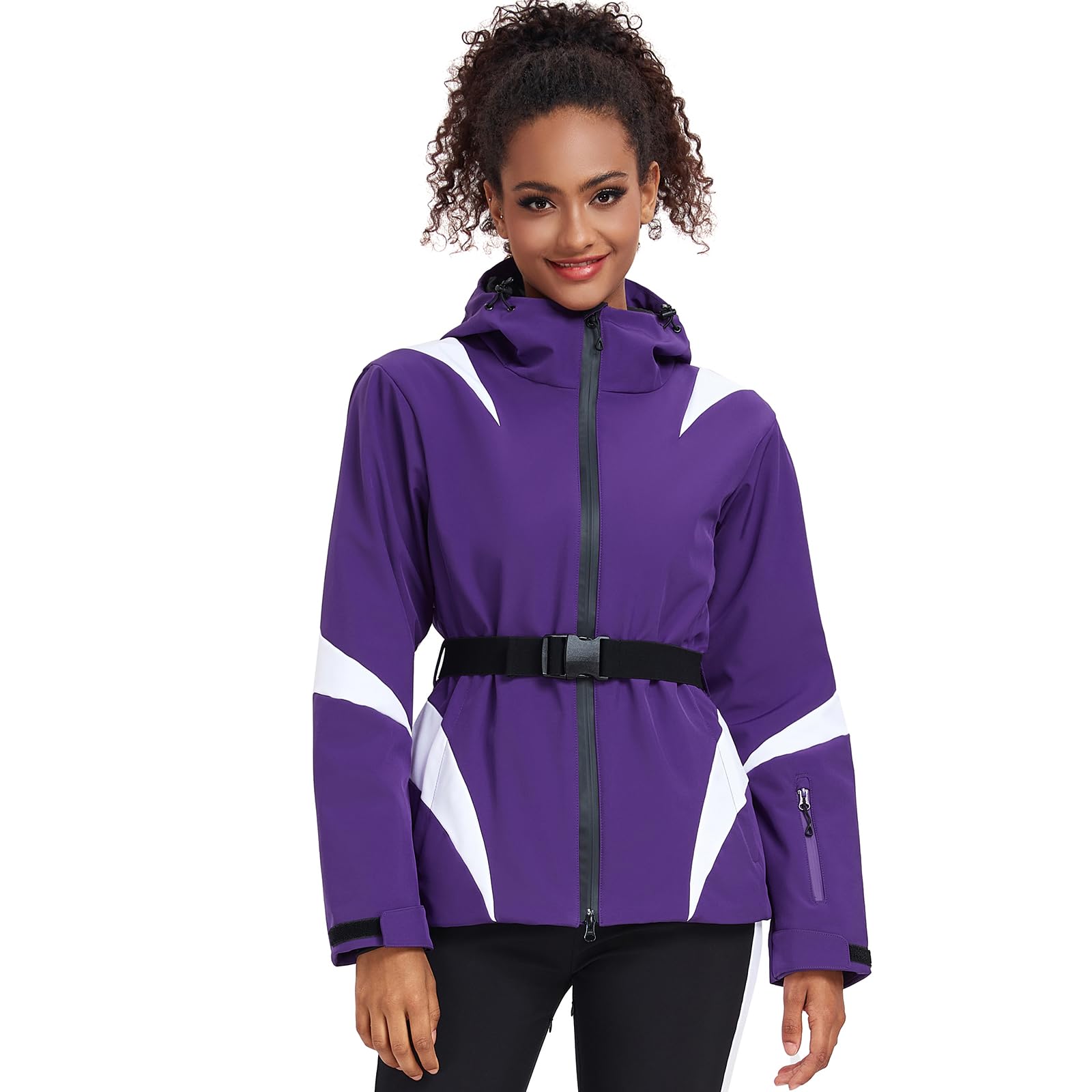 ALSOGO Veste de ski imperméable isolée pour femme avec capuche et ceinture