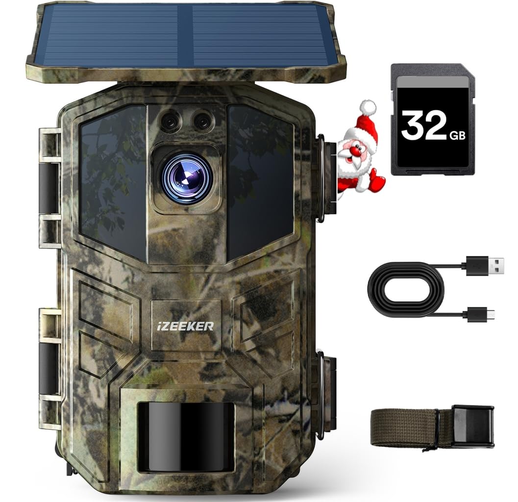 iZEEKER Fototrappola Solare, 4K 48MP Fototrappola Notturna con Visione Notturna, IP66 Impermeabile, Tempo di Attivazione 0,1s per la Sorveglianza della Fauna Selvatica con Scheda SD da 32 GB
