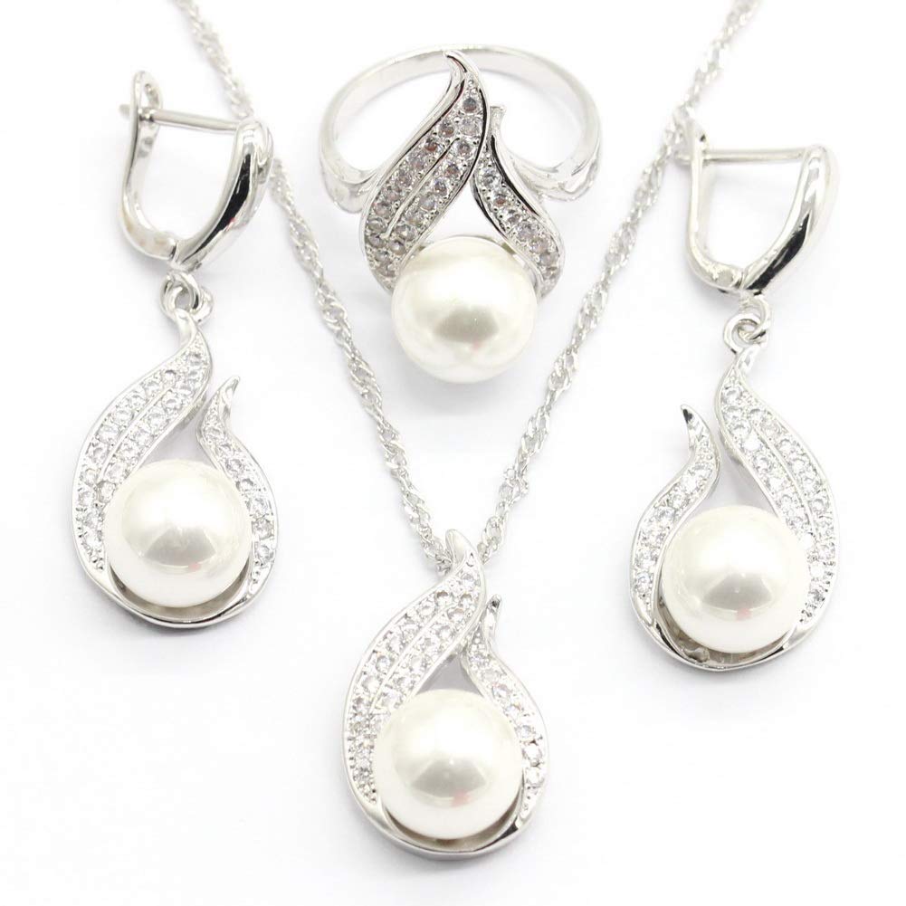 Aixili White Freshwater Pearl Jewelry Set for Women Silver White Gold Plated Necklace Pendant Drop Earring Rings Wedding Bridal Jewelry