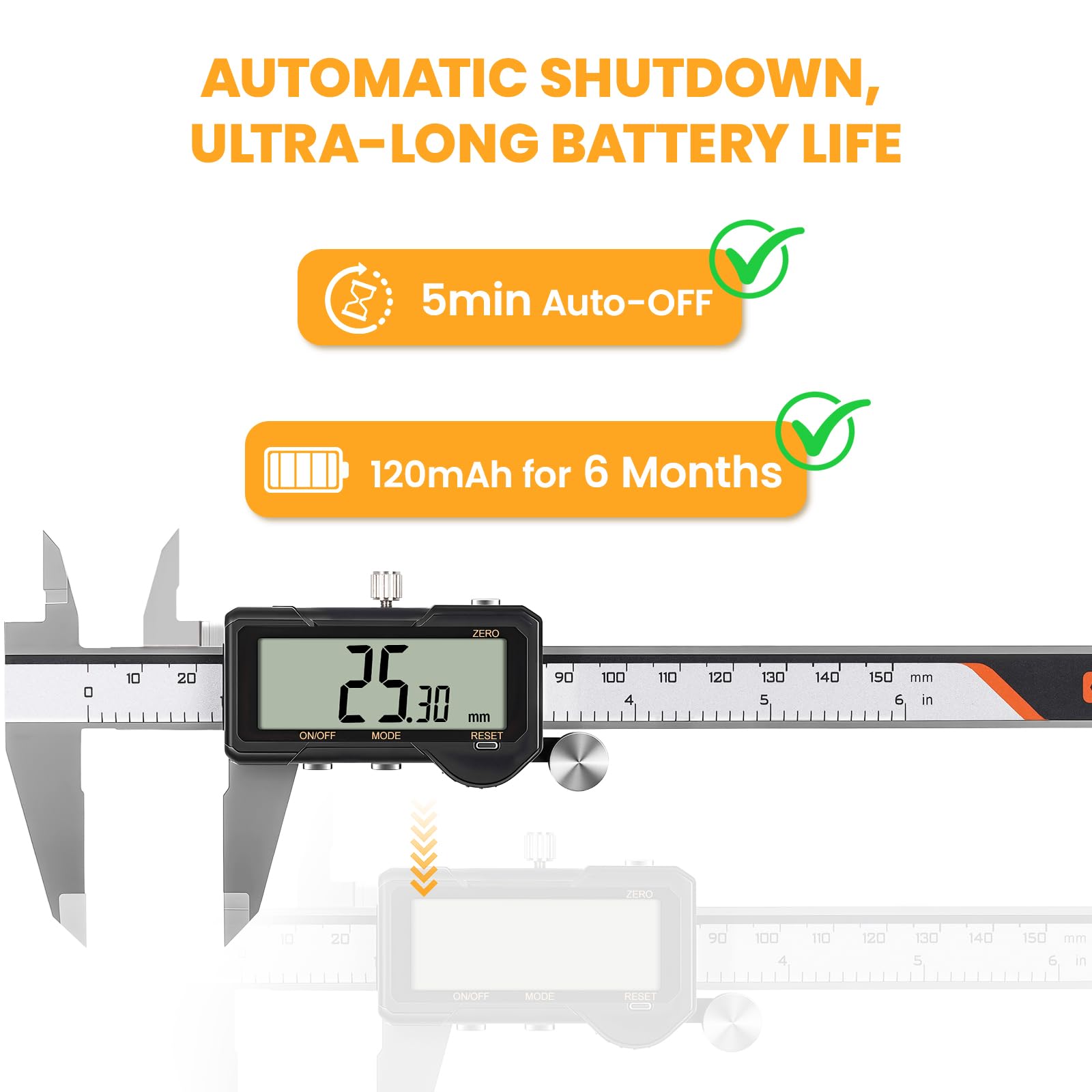 HARDELL Calibrador digital recargable, Pie de Rey Digital de 6 pulgadas con reinicio, herramienta de medición con conversión de mm/pulg/F, apagado automático, micrómetro con pantalla grande