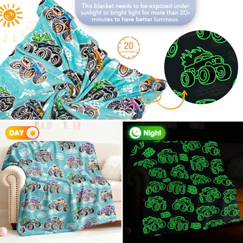 Image of Truck Glow in The Dark Blanket Truck Toys Gifts for Kids Boys Girls Teens Age 1-16 Years Old Child Birthday Christmas Halloween Excavator Construction Tractor Car Throw Bedroom Decor Blue 50 inchx 60 inch