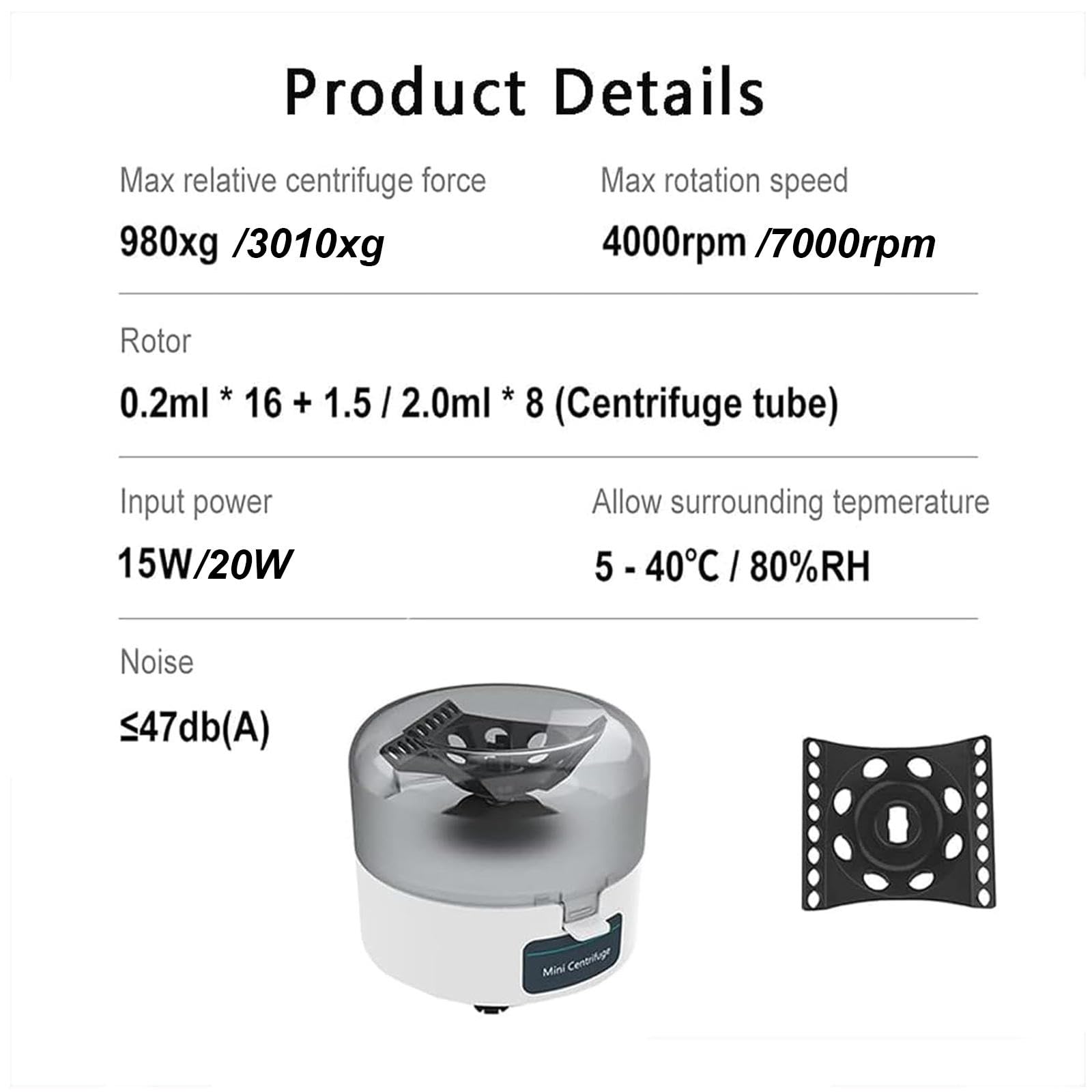 Mini Máquina Centrífuga de Laboratorio, Máquina Microcentrífuga Portátil, 4000/7000 RPM 0,2 Ml/1,5 Ml/2 Ml con Rotor 2 en 1, Máx. 980 Xg/3013 Xg, para Separación de Muestras,7000rpm