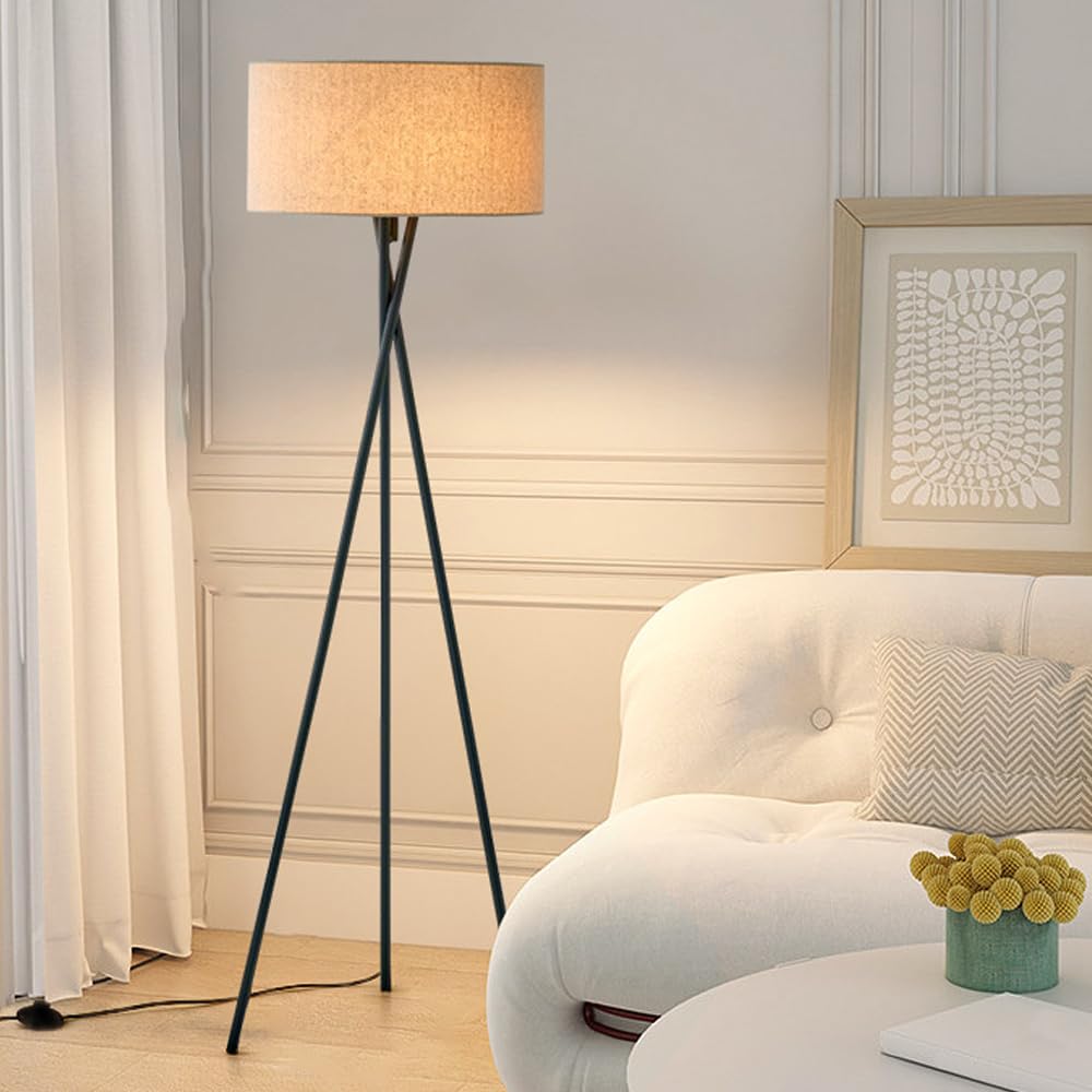 Okrągła, lniana lampa podłogowa na statywie w stylu połowy wieku, 160 cm, z czarnego żelaza, z obrotową tkaniną, trzonkiem E26, ściemniana, idealna do salonu, sypialni, biura lub sofy.