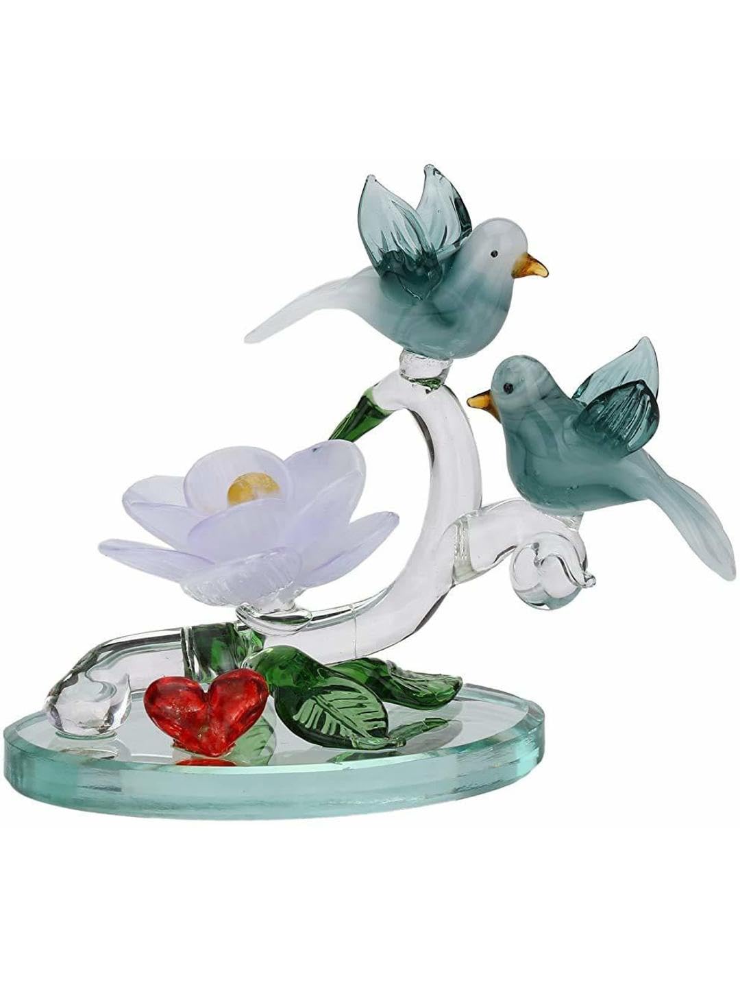 Somil Love Making Bird Pair On A Lily Flower Tree with Heart Decorative Tabletop Crystal Glass Gift Showpiece, Multi, Made by Hand from Expert Artisans Pack of 1
