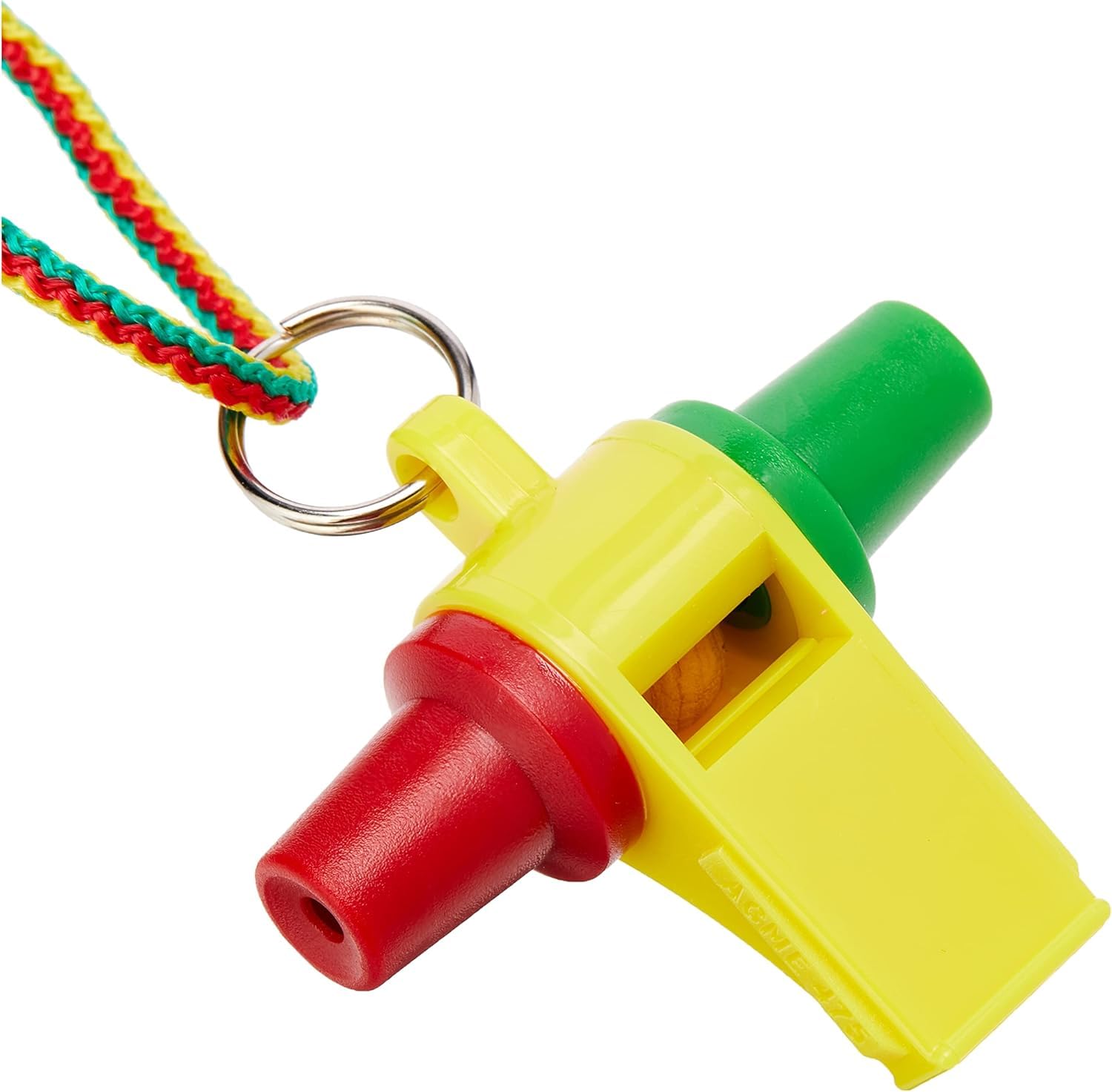 ACME genuine no. 475 samba apito carnival festival tri-tone whistle with multi colored lanyard. Multi-color BPA free plastic. Made in the UK