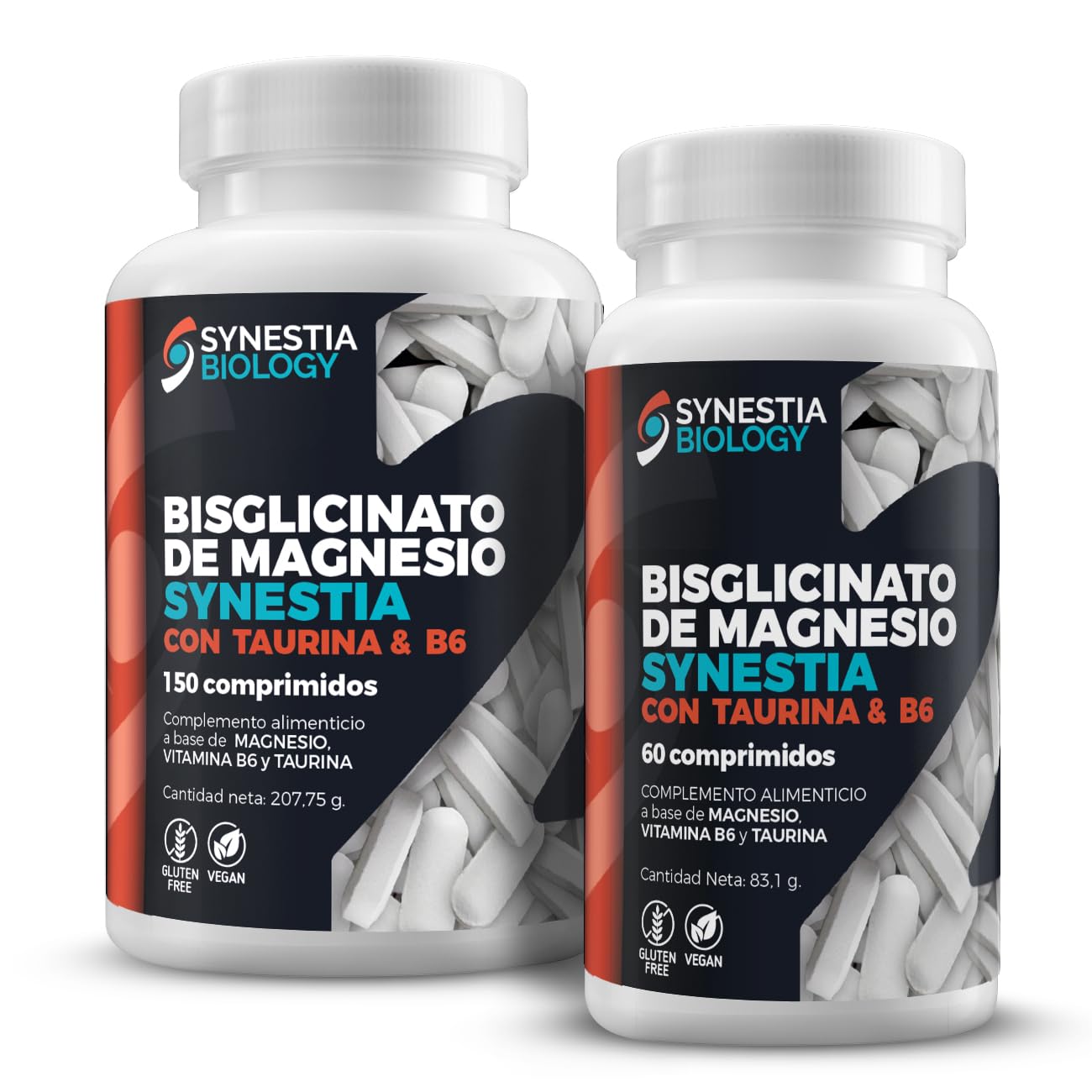 Bisglicinato de Magnesio Synestia con taurina y vitamina B6, suministro 1 a 2 meses, 150 comprimidos, vegano y sin gluten