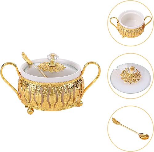 Miniatura 8 de Flylin Azucarero, azucarero turco con tapa y cuchara para galletas de caramelo, miel, tarro de condimento de vidrio vintage dorado para el hogar y