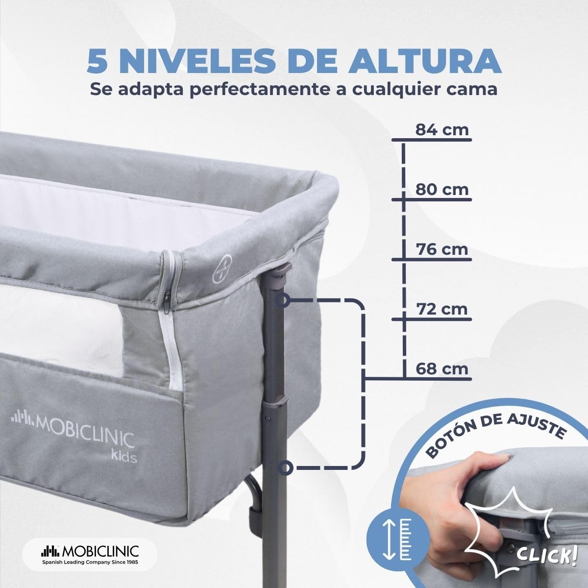 Mobiclinic®, Cuna colecho, 2 en 1, Moon, Sistema de Unión a la Cama, Regulable 5 Alturas, Bolsa Transporte, Incluye Ruedas, Malla Transpirable, Base Acolchada