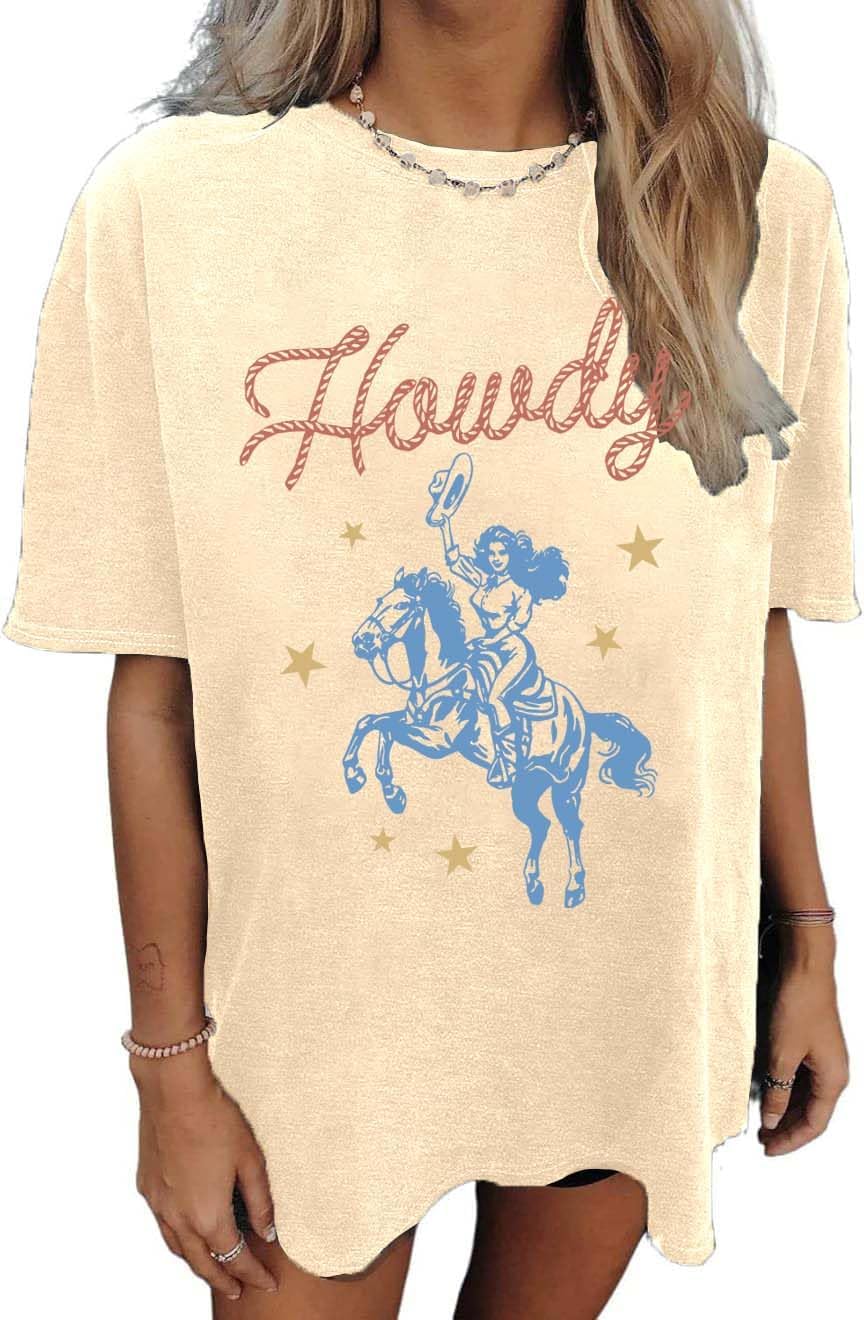 Oversized Western Shirts for Women Cowgirl Tshirts Relaxed Fit Cowboy Rodeo Graphic Tee Country Concert Tops