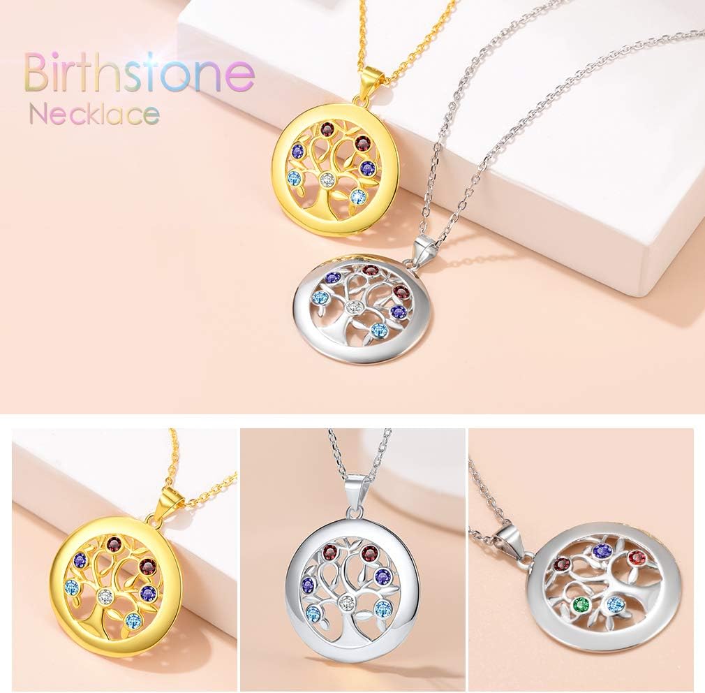 Custom4U Personalized Birthstone Name Necklace - Heart & Round Pendants Sterling Silver & Stainless Steel Family Tree of Life Charm Mother's Day Jewelry Gift for Women Mom Grandma