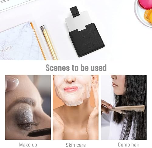 Miniatura 5 de Espejo compacto de acero inoxidable inastillable para bolsos, espejo irrompible de viaje con funda de piel sintética, espejo de afeitado de mano