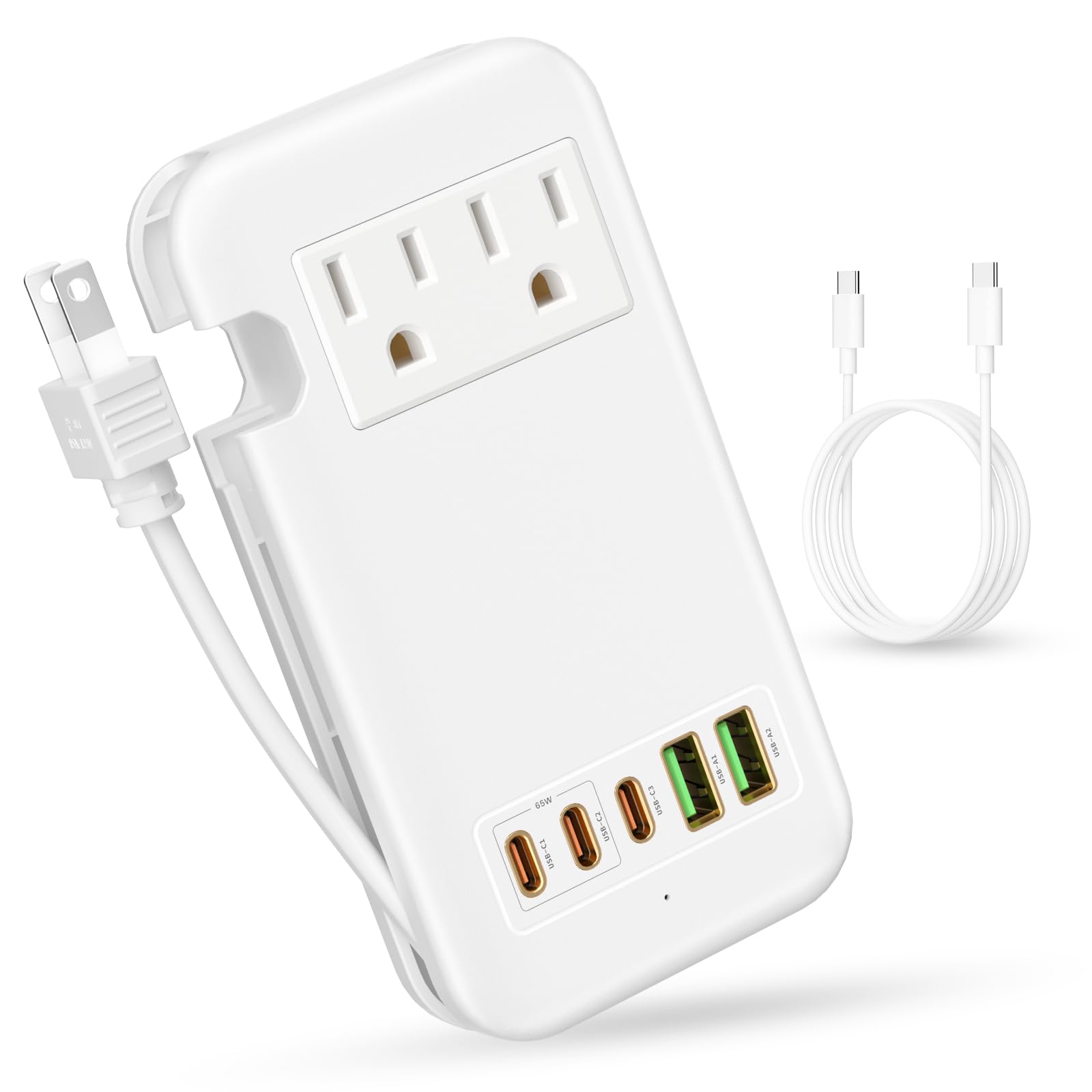 Power Strip with USB C, 65W Portable PowerPort Strip PD with 2 Outlets & 3*USB-C+2*QC3.0 Ports, 5.5 ft Cord, Flat Plug, High-Speed Charge to Laptop,Tablets, for Hotel, Dorm Room,Cruise Ship and Home