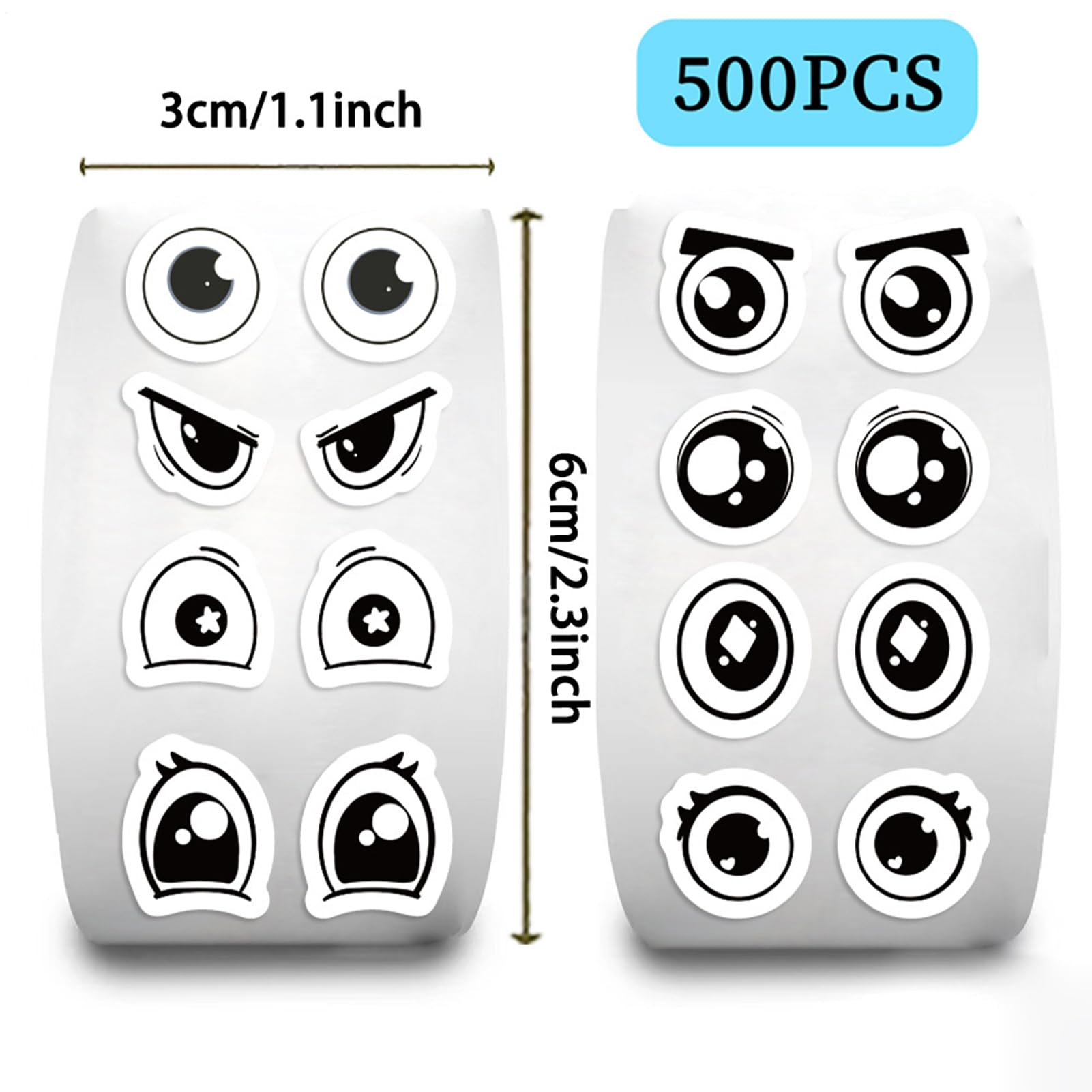 Pegatinas De Ojos Para Manualidades | Rollo De 500 Etiquetas Con Expresiones De Dibujos Animados | Scrapbooking Y Decoración Escolar 6x3 Cm