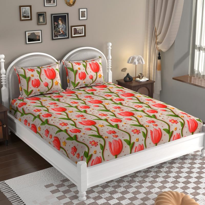 7D Printed Premium Glace Cotton King Size Elastic Fitted Floral Double Bedsheet with 2 Pillow Covers (Size 78x72 Inch) - Pink Lotus-7D Fitted4-picture-37