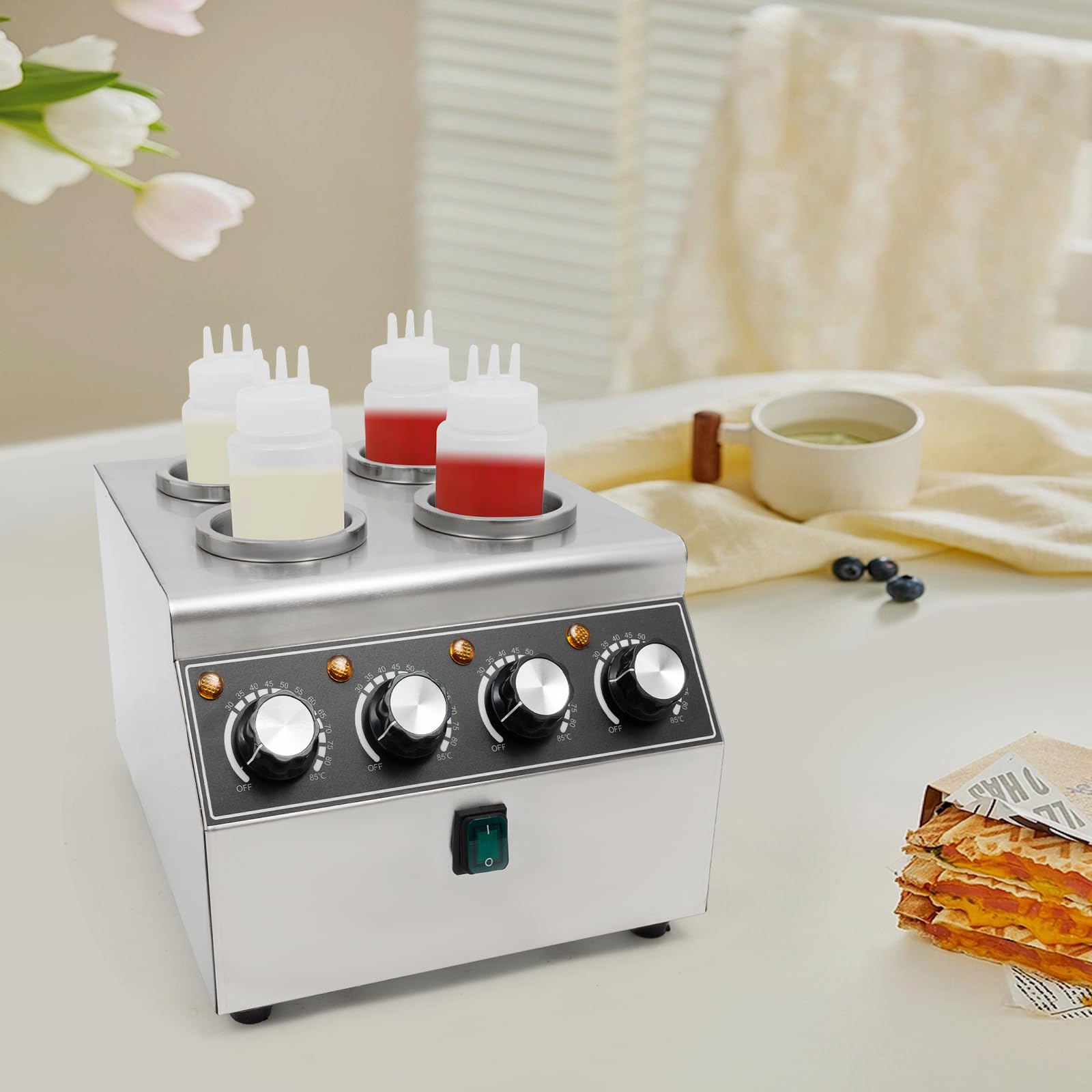 Calentador de salsas eléctrico de acero inoxidable, dispensador con 4 botellas de expresión, 800 W, para buffet y gastronomía, dispositivo de mesa con regulación de temperatura para ketchup