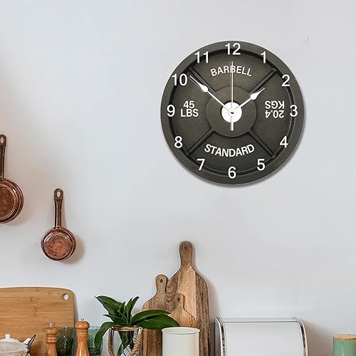 Miniatura 5 de ArogGeld Reloj de pared con placa de pesas para fitness, decoración estándar de gimnasio, 10 pulgadas, funciona con pilas, silencioso, sin tictac,