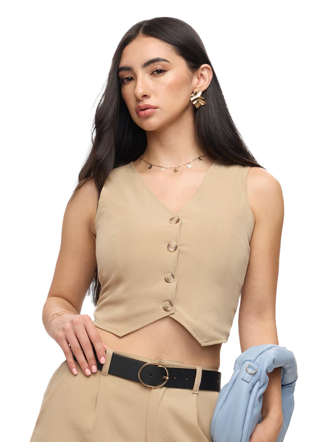 the souled store Cropped Vest Top: Topaz Women and Girls Sleeveless V Neck Button Front Polyester Slim Fit Cropped Tops-picture-29