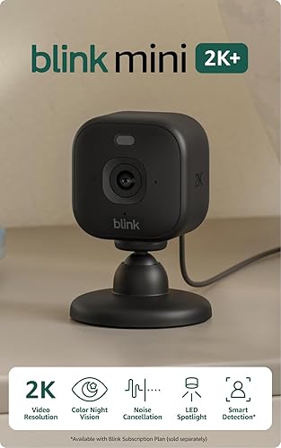 Blink Mini 2K+ (newest model) – Plug-in Home & Pet Indoor Security Camera with 2K video resolution, night vision, enhanced audio, motion detection – 1 camera (Black)