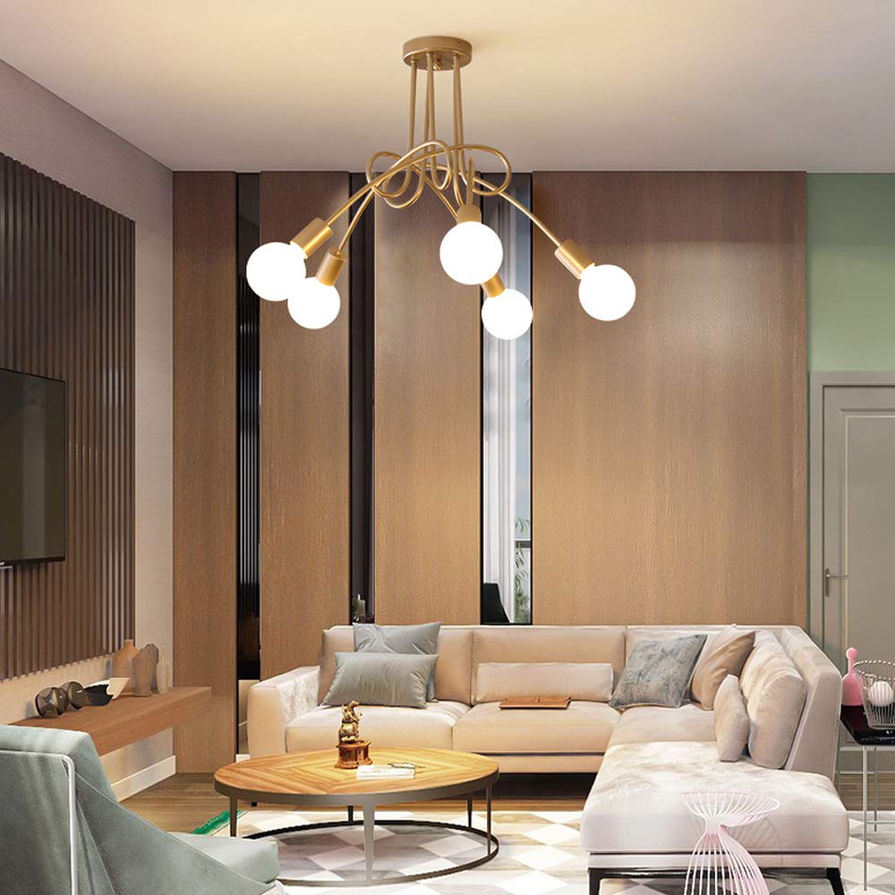 iDEGU 5 Luci Lampadario Retrò Industriale in Metallo Plafoniera E27 Lampada a Sospensione Vintage Lampada da Soffitto per Soggiorno, Camera da Letto, Sala da Pranzo (senza lampadine) (D'oro)