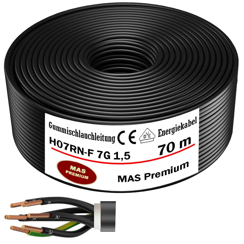 MAS Premium H07RN-F 7G - Cable de manguera de goma (5-80 m, cable flexible con conductor de protección para dispositivos pesados (H07RN-F 7G1,5 mm², 70 m)