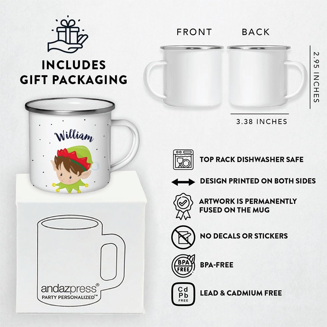 Andaz Press Personalized Kids Christmas Hot Chocolate Mug – 11oz Stainless Steel Campfire Cup With Santa Design