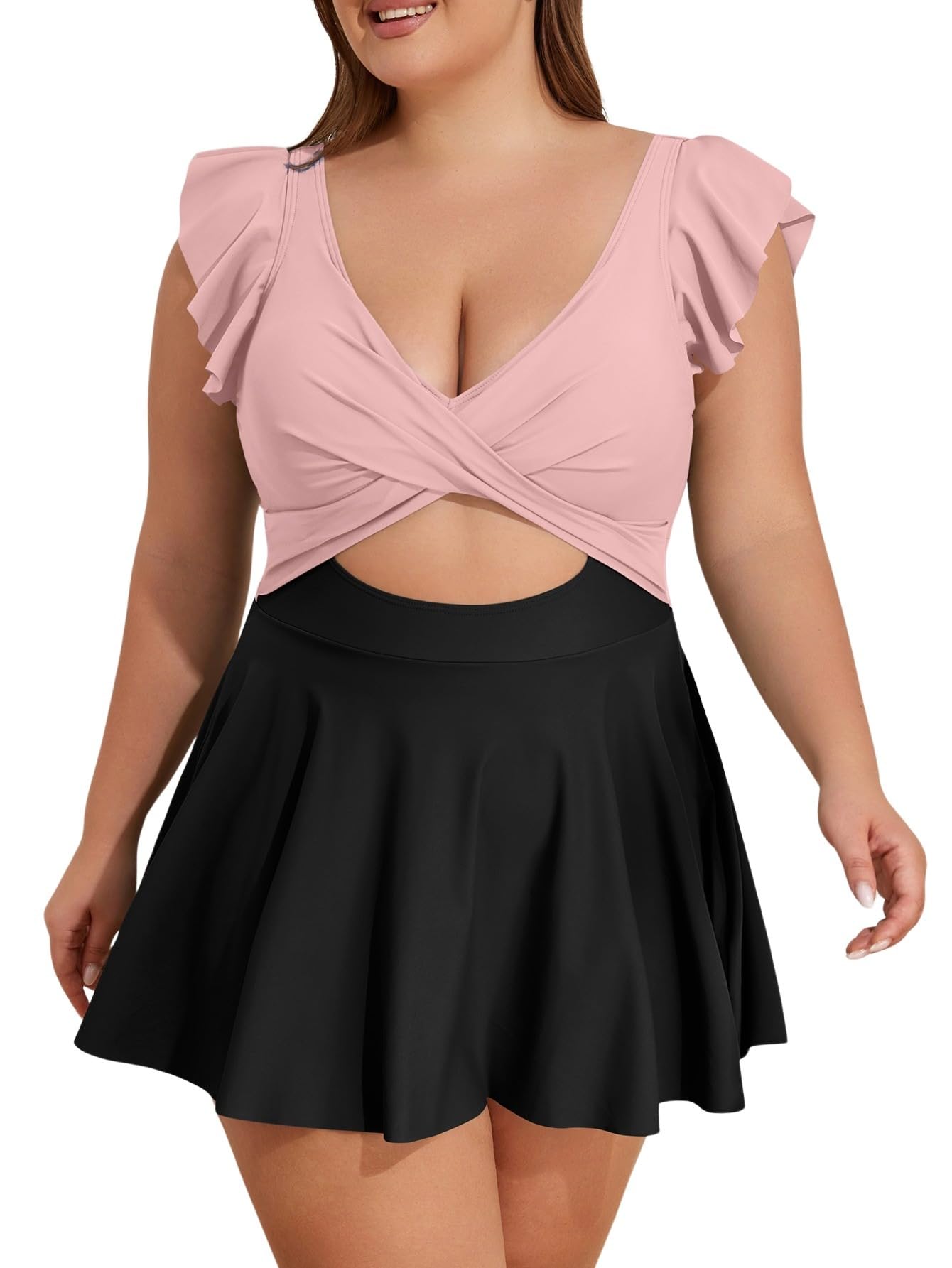 Photo 1 of B2prity Women's Plus Size Swimsuit Tummy Control One Piece Swimdress Ruffle V Neck Cutout Wrap Bathing Suit with Skirt Pink, Black