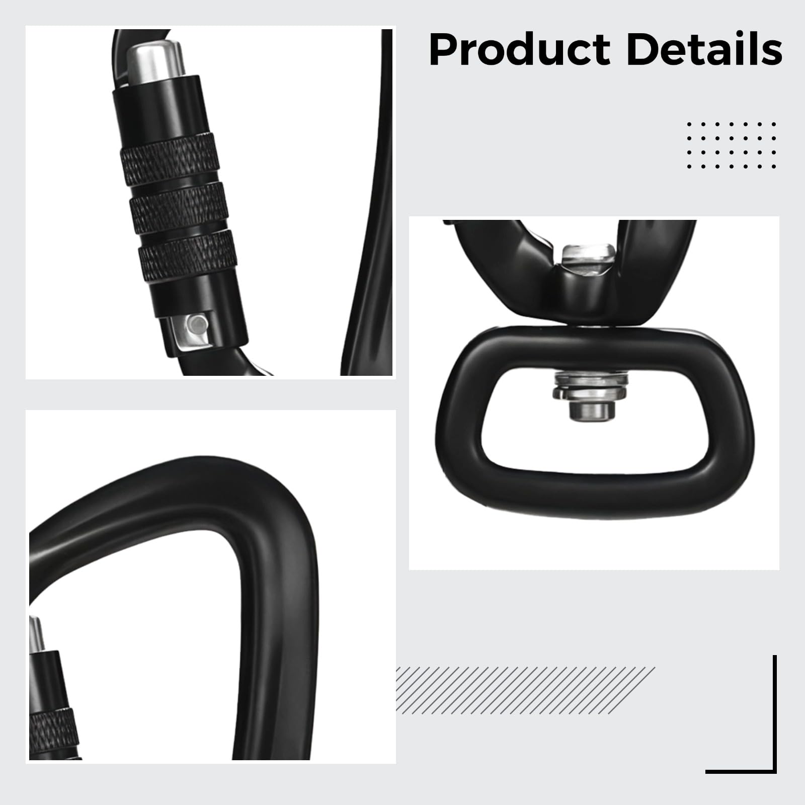 5 mosquetones giratorios de aluminio negro de 360°, diseño de cierre automático de tuerca, clips ligeros para mochila, soportes para llaveros, hebillas de larga duración para bolsos, cometas, llaves