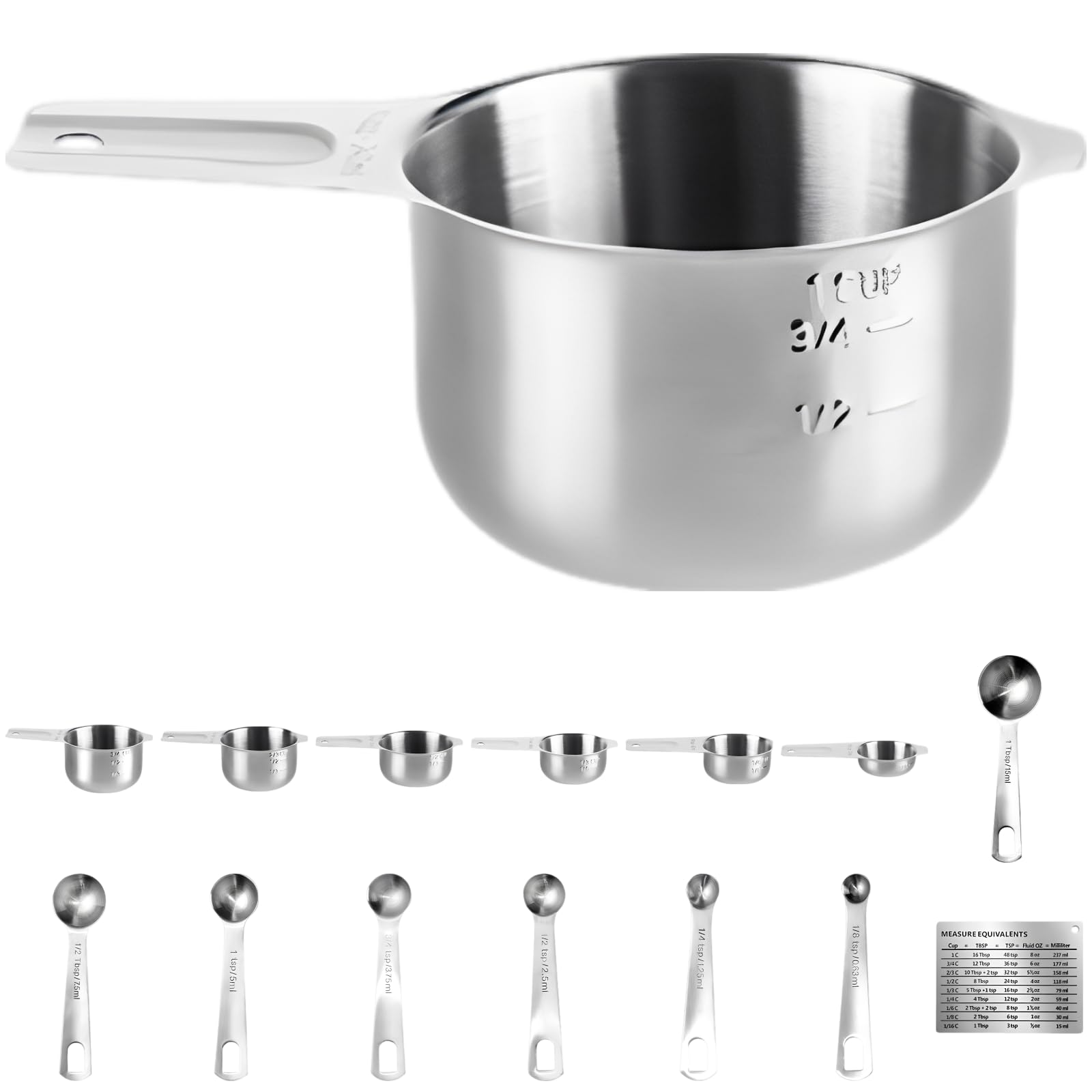 16-teiliges Messbecher- und Messlöffel-Set aus 304 Edelstahl, mit Doppelskala und Metall-Umrechnungstafel, zum Backen und präzisen Kochen, Küchenhelfer für trockene und flüssige Zutaten