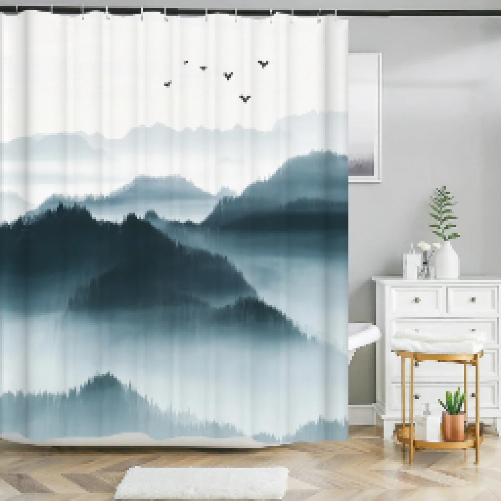 Rideau de douche en polyester de qualité supérieure avec imprimé texturé brume de montagne
