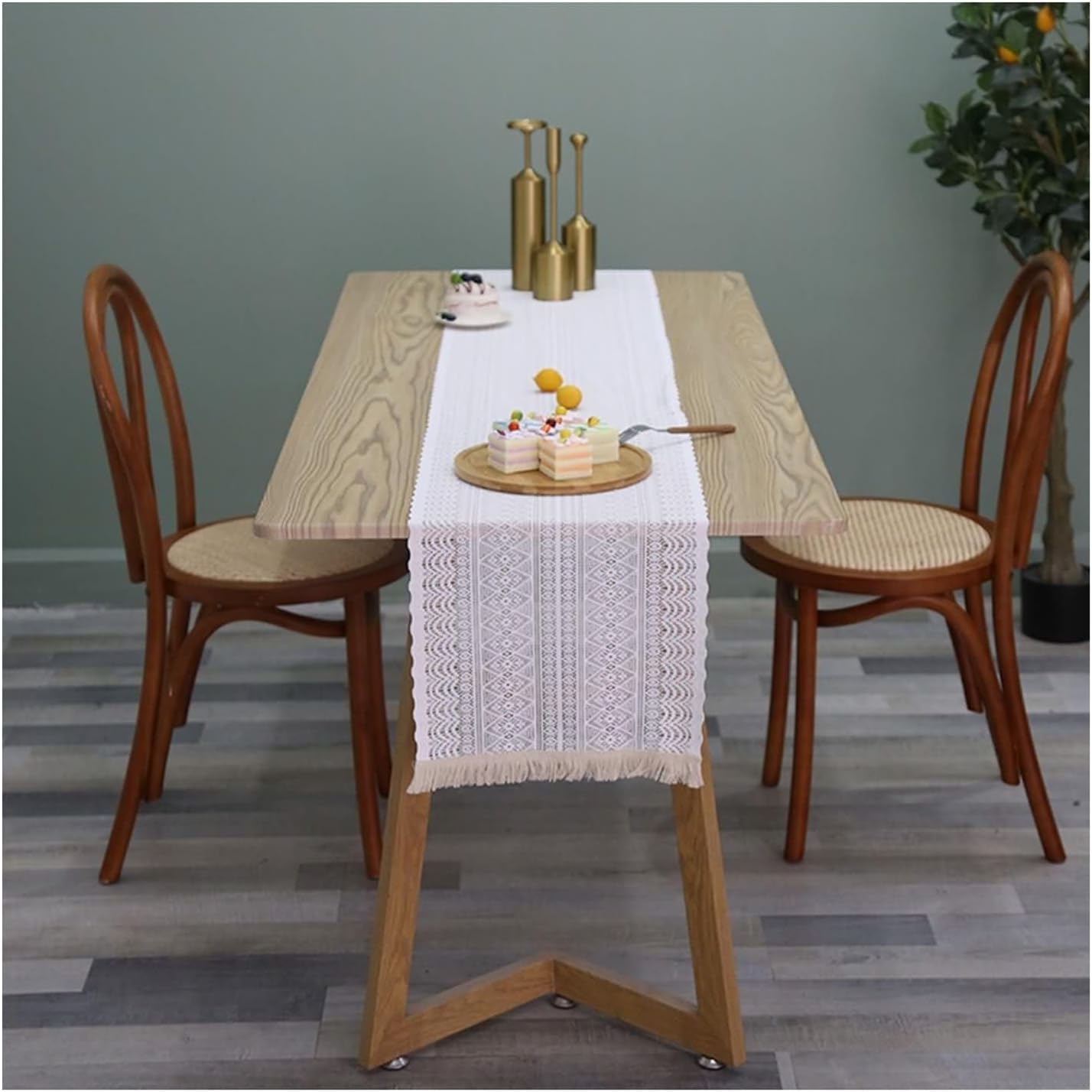 Kitchen Table Runner,14" x 79",Lace with Embroidery and Tassels Runner Table Polyester Table Runner Kitchen White