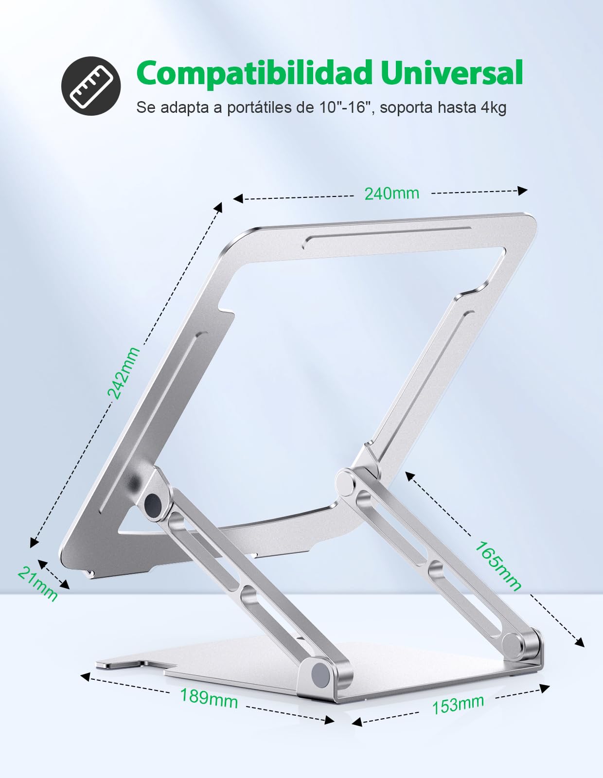 Glangeh Soporte Portatil Mesa Estable, Aleación de Aluminio Elevador Portatil con Ergonómico Altura Ajustable,Refrigeración Laptop Stand,Bandejas para Cama Compatible con MacBook Pro y Tabletas 10-16”