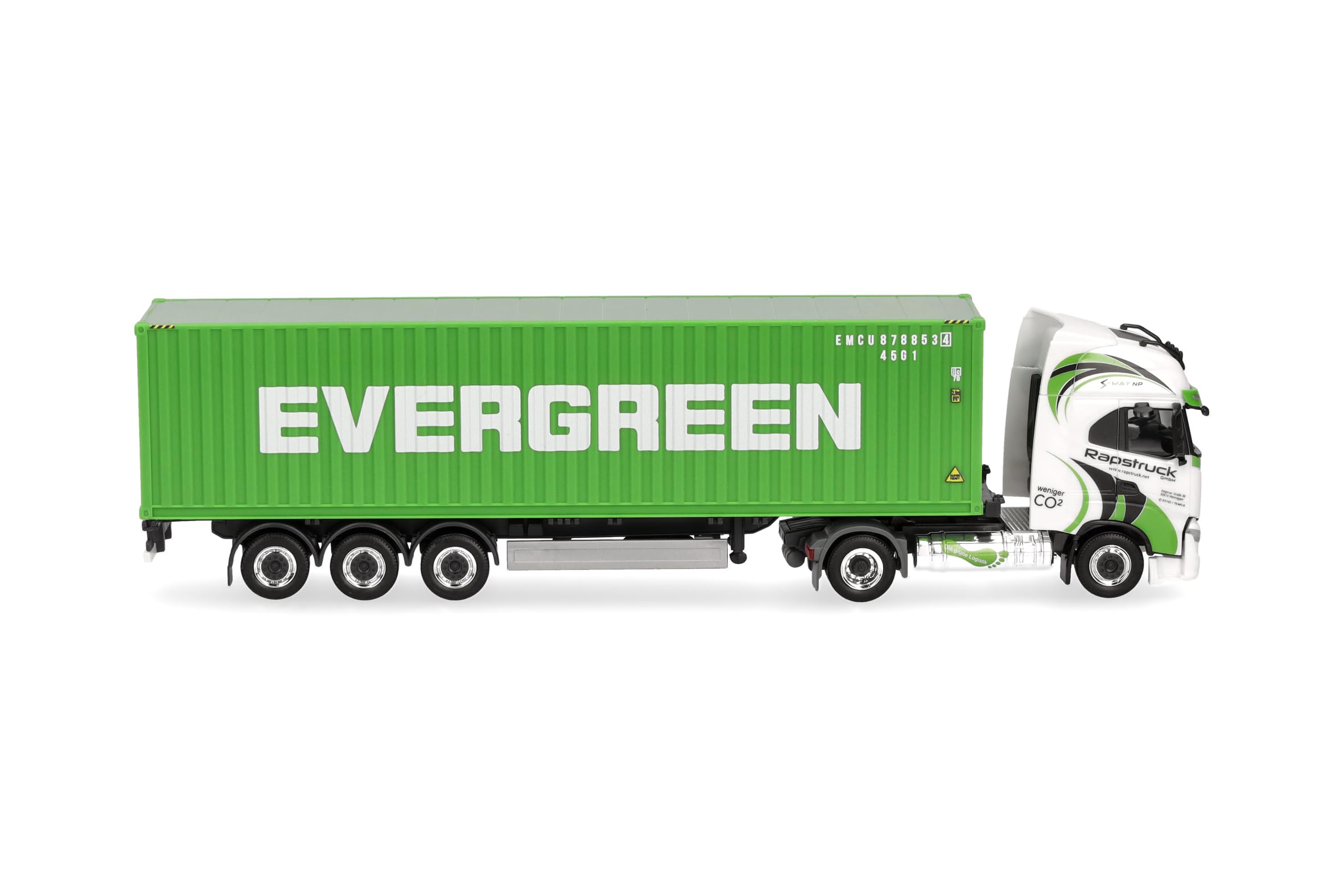 Herpa model ciężarówki Iveco S-Way LNG 40ft zestaw kontenerowy „Rapstrucks/Evergreen”, miniatura w skali 1:87, model kolekcjonerski, wyprodukowano w Niemczech, tworzywo sztuczne