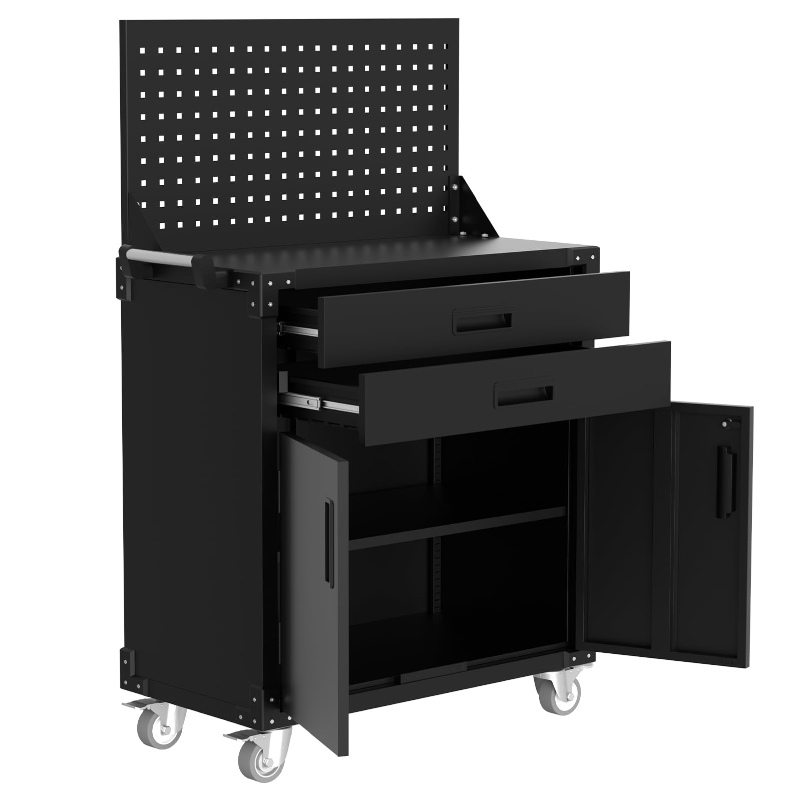 GarveeHome Rolling Tool Cabinet, Heavy Duty Steel Garage Storage Cabinet with 2 Drawers, Pegboard & 4 Wheels, Lockable Tool Cart Workbench for