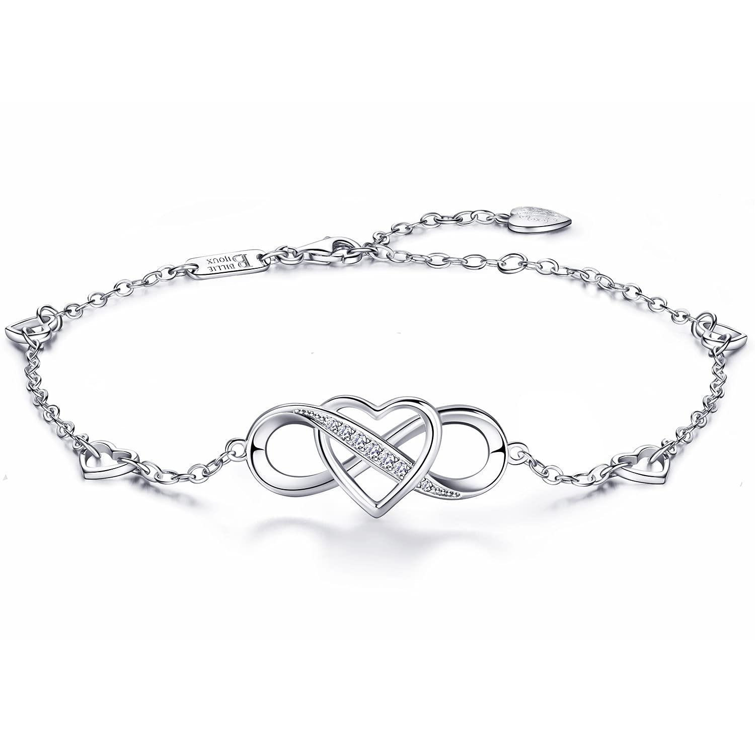Tobillera de plata de ley 925 para mujer, pulsera de tobillo con corazón infinito, chapado en oro blanco, pulsera grande ajustable, regalo para mujer y esposa, Plata Esterlina, Circonita