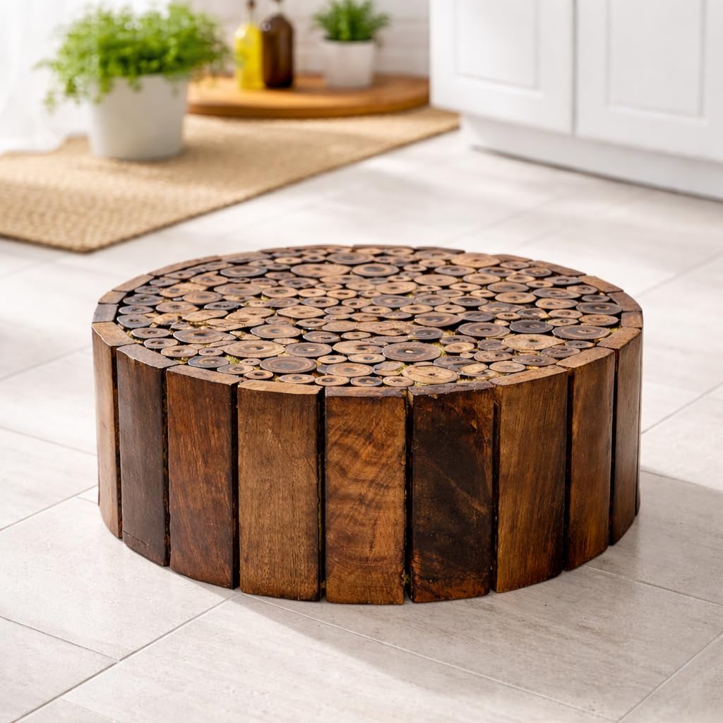 Handcrafted Round Wooden Pooja Chowki 12x12 Inch | Solid Log Pattern Bajot for Mandir, Ganesh Puja, Diwali Decor & Festive Gifting | Multi-Purpose Decorative Platform (Pack of 1)-image-16