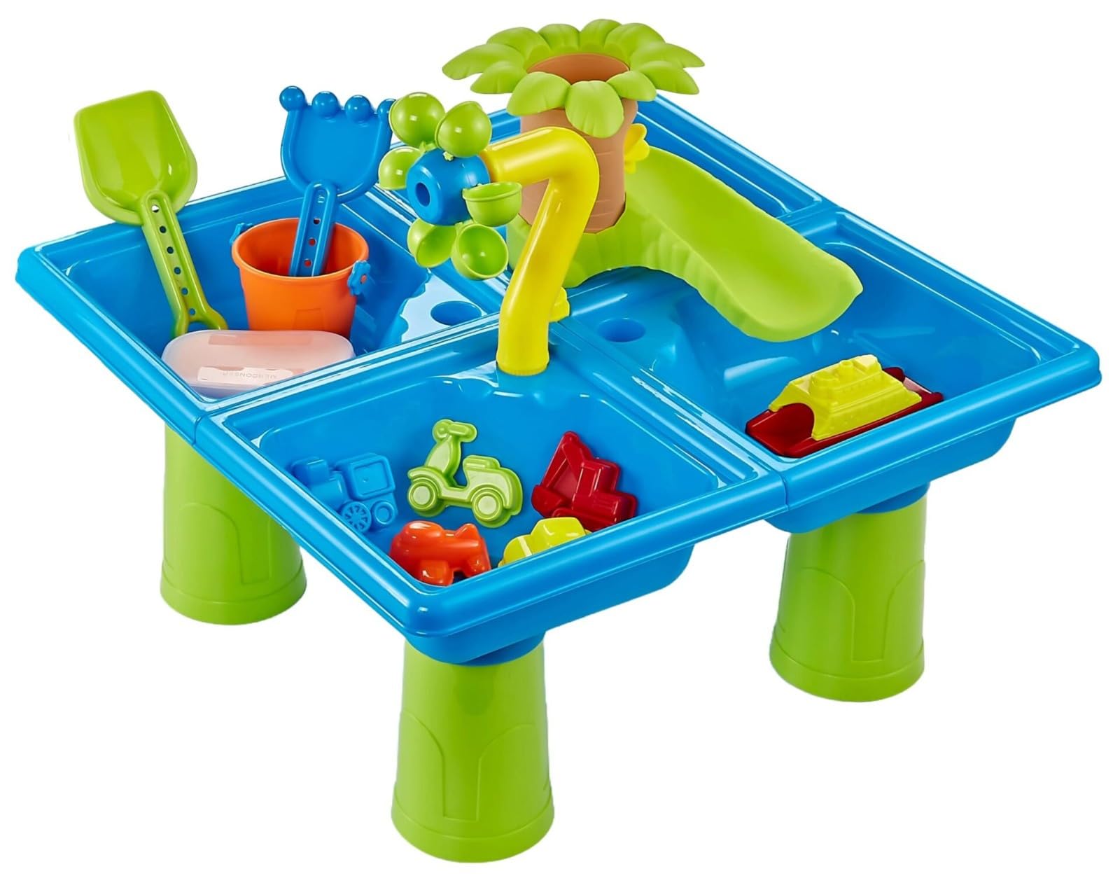 Quickdraw Kids Sand & Water Table 24PCS Toddler Activity Play Set with Play Sand – 4 Section Sensory Table with Water Wheel, Slide & Accessories – Indoor Outdoor Garden Toy 18 Months+