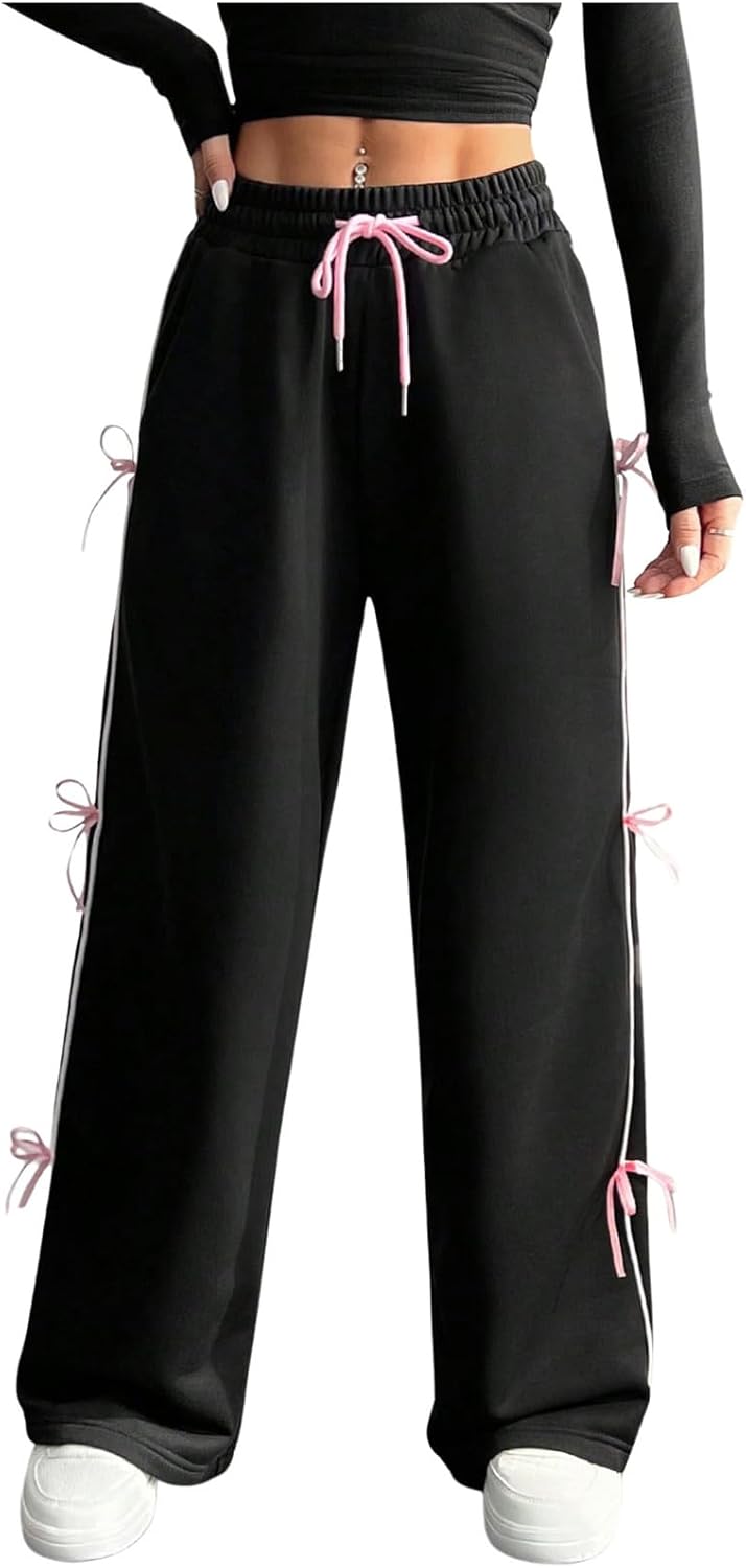 GORGLITTER Women's Bow Y2k Sweatpants Drawstring Wide Leg Baggy Flare Coquette Pants Trousers