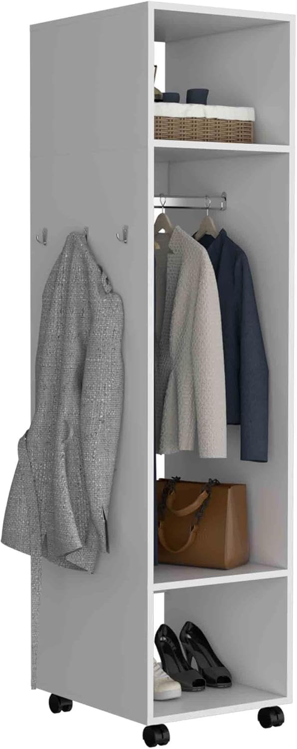 Tuhome Cluster 63-Inch Tall Open-Concept Wardrobe with Mirror, Three Storage Shelves, Hanging Rod, Casters and Side Hooks, Freestanding Clothes Organizer for Bedroom, Closet, Laundry Room.