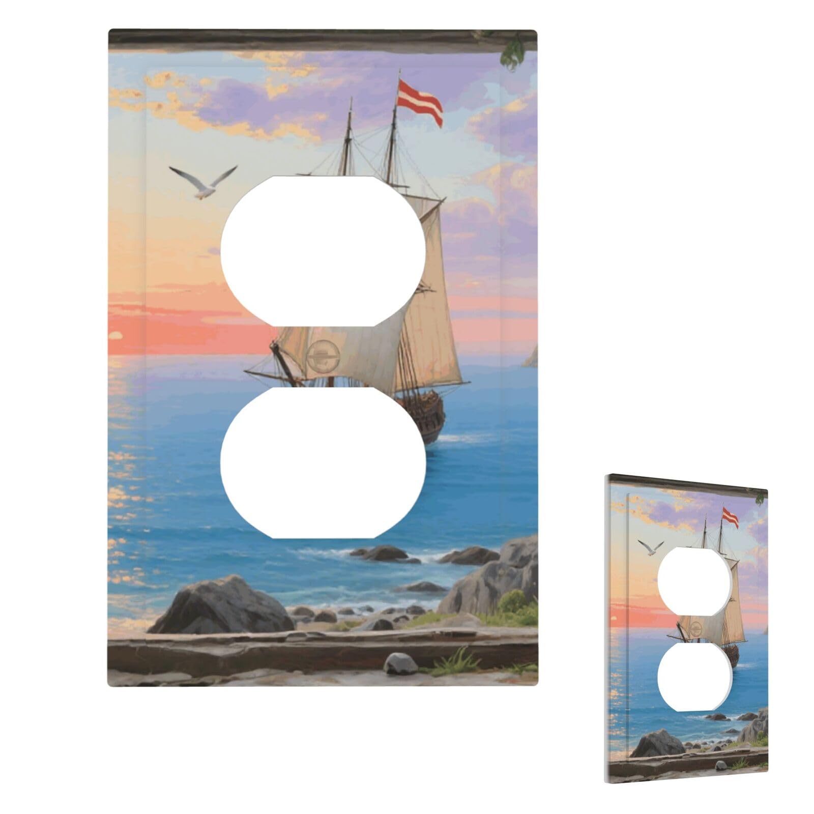 Window View Of Sailing Sailboat Wall Plate Cover Modern Decorative 1 Gang Light Switch Cover Unbreakable Receptacle Outlet Covers For Living Room Bedroom Home Decor Duplex