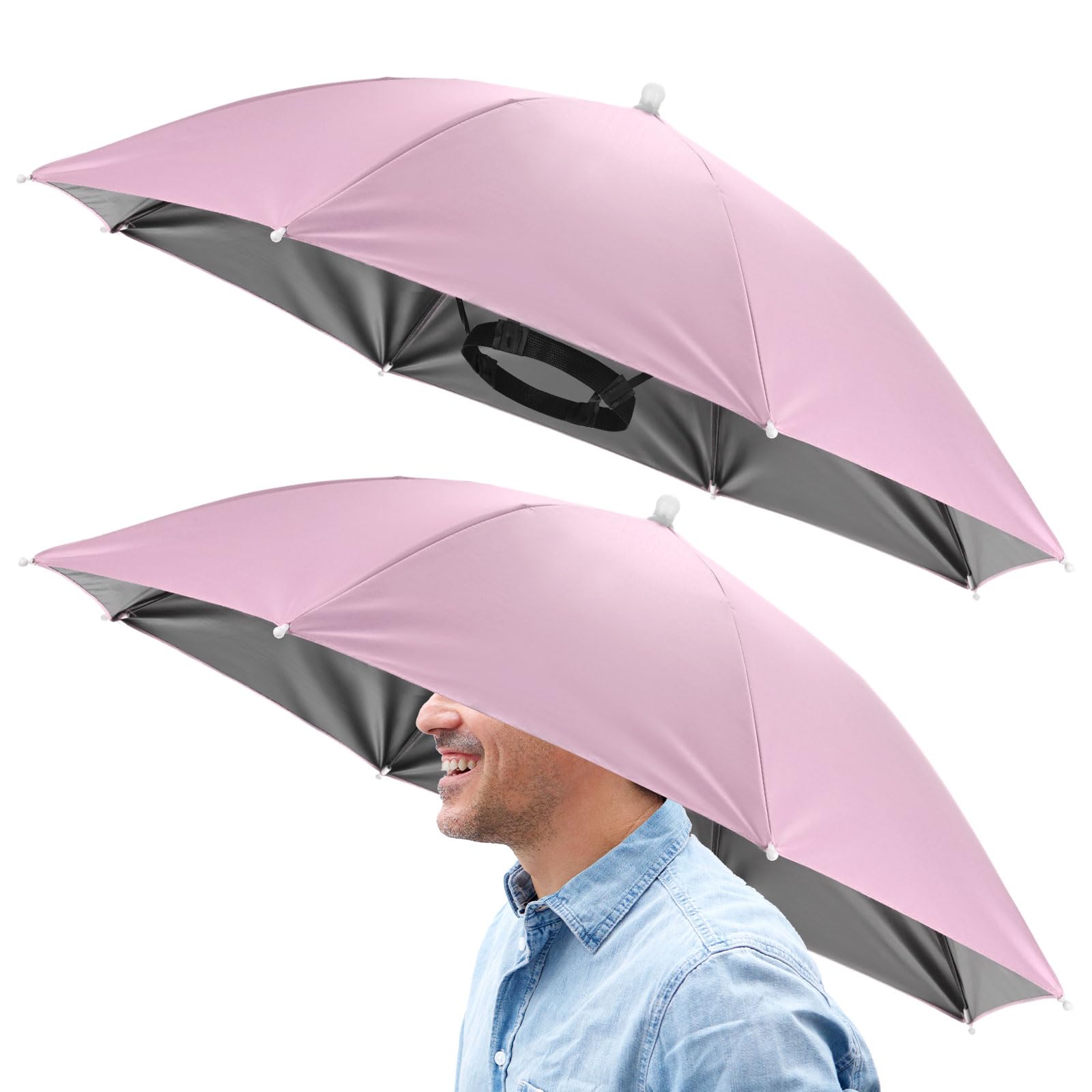 TIXIPEM 2 Pcs Headband Umbrella Hat 26" Foldable Outdoor, Pink Black