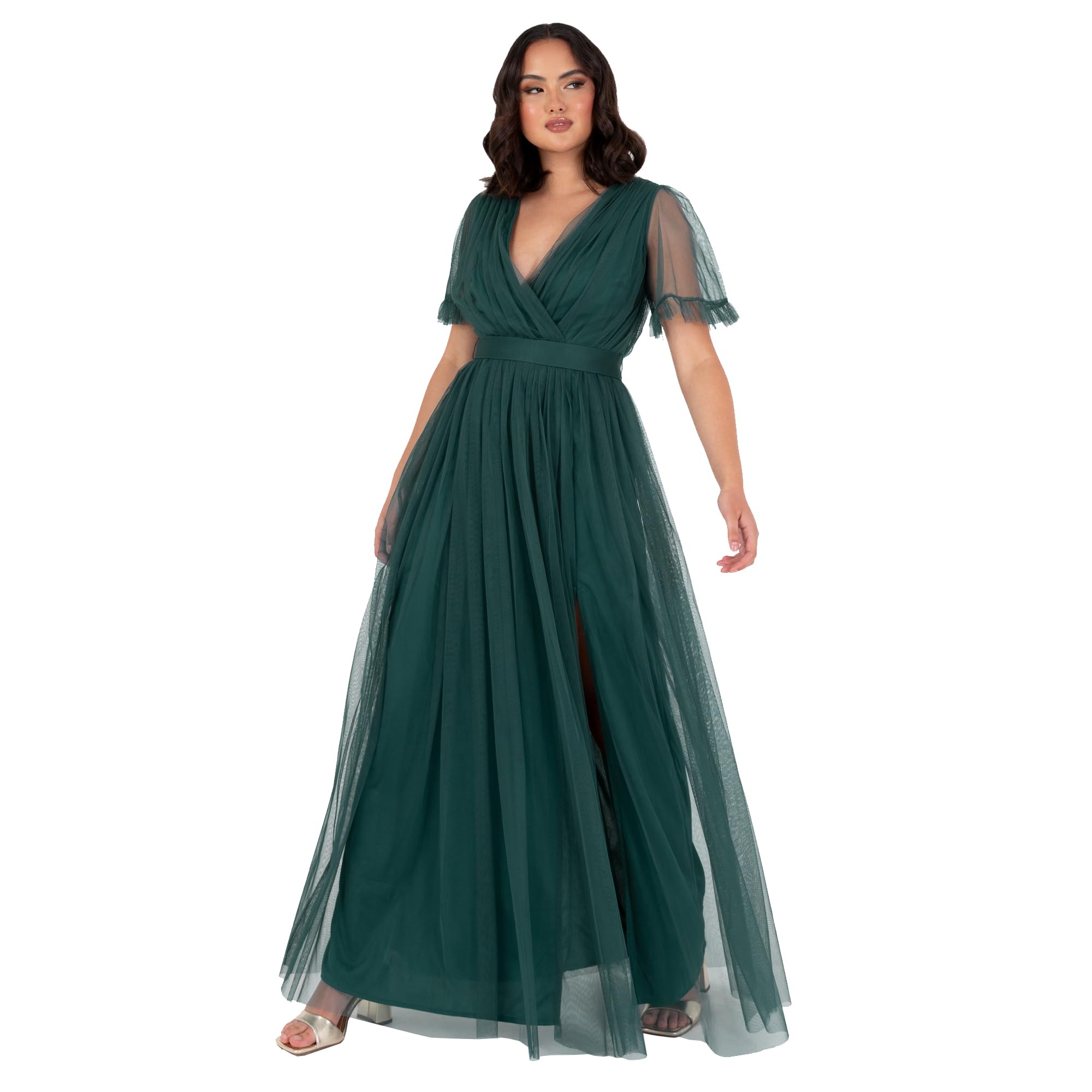 Anaya with Love Damen Ladies Maxi Dress for Women V Neckline Short Sleeve Frilly Long Empire Waist for Wedding Guest Bridesmaid Maid of Honour Kleid
