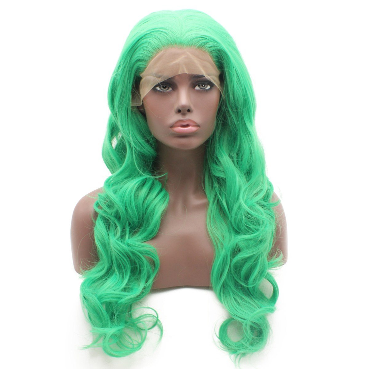 Iewig Long Wavy Green Wig for Women Synthetic Lace Front Half Hand Tied Party Wig