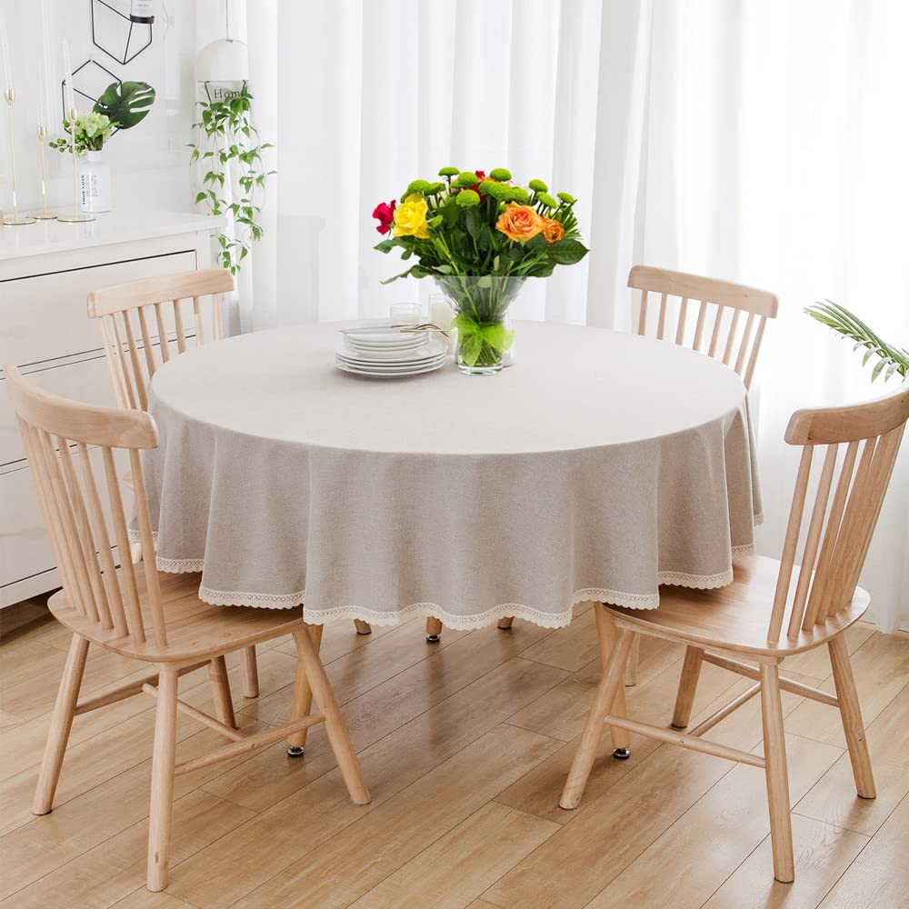 Seyilei Faux Linen Round Tablecloth with Lace Trim Solid Heavy Weight Burlap Tablecloth for Banquet, Parties, Dinner,Kitchen,Wedding,Coffee,Holiday (