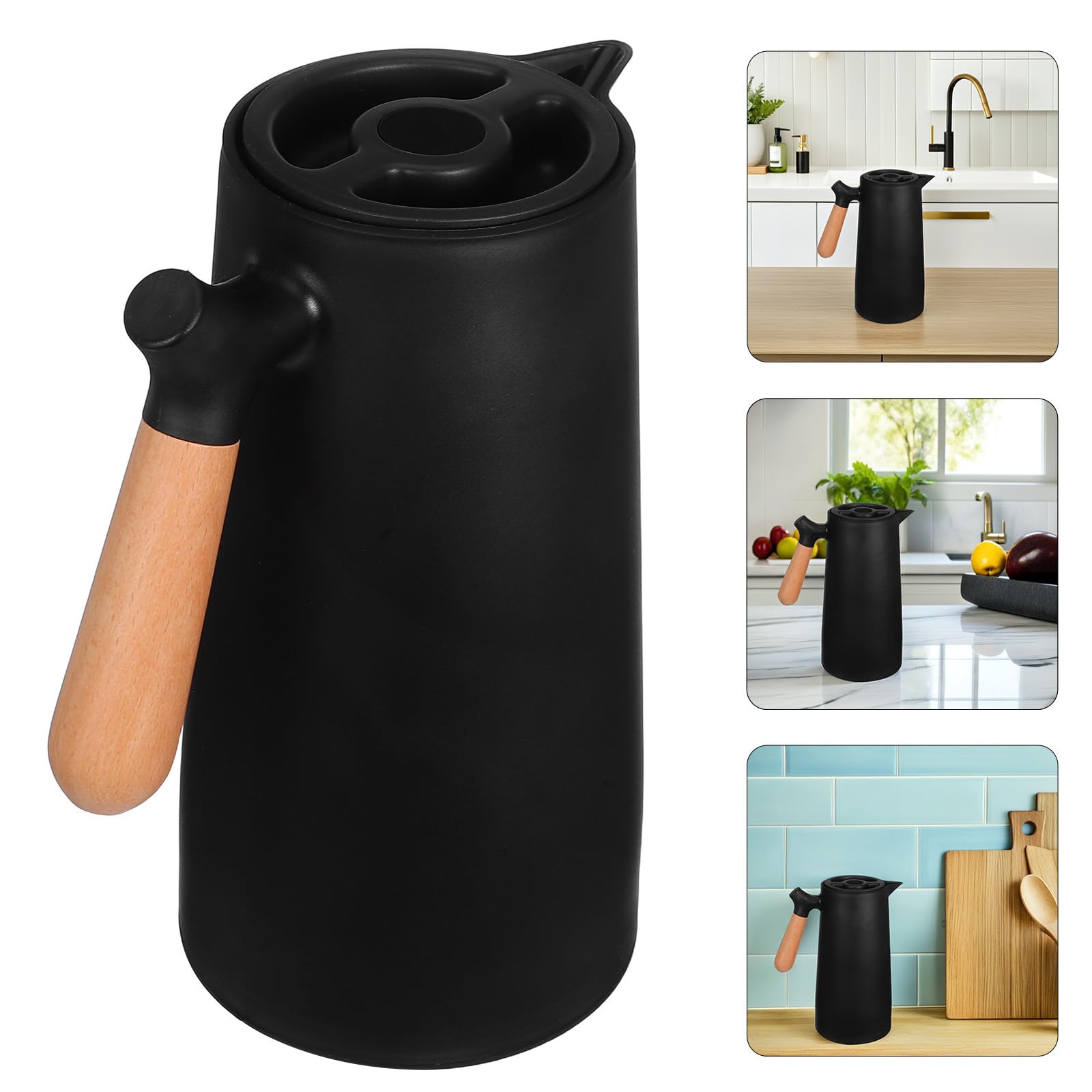 BESPORTBLE Bouteille Isotherme 1l Doublure en Verre et Coque Plastique, Poignée en Bois Élégante, Isolation Thermique sans Odeur pour Bureau et Maison