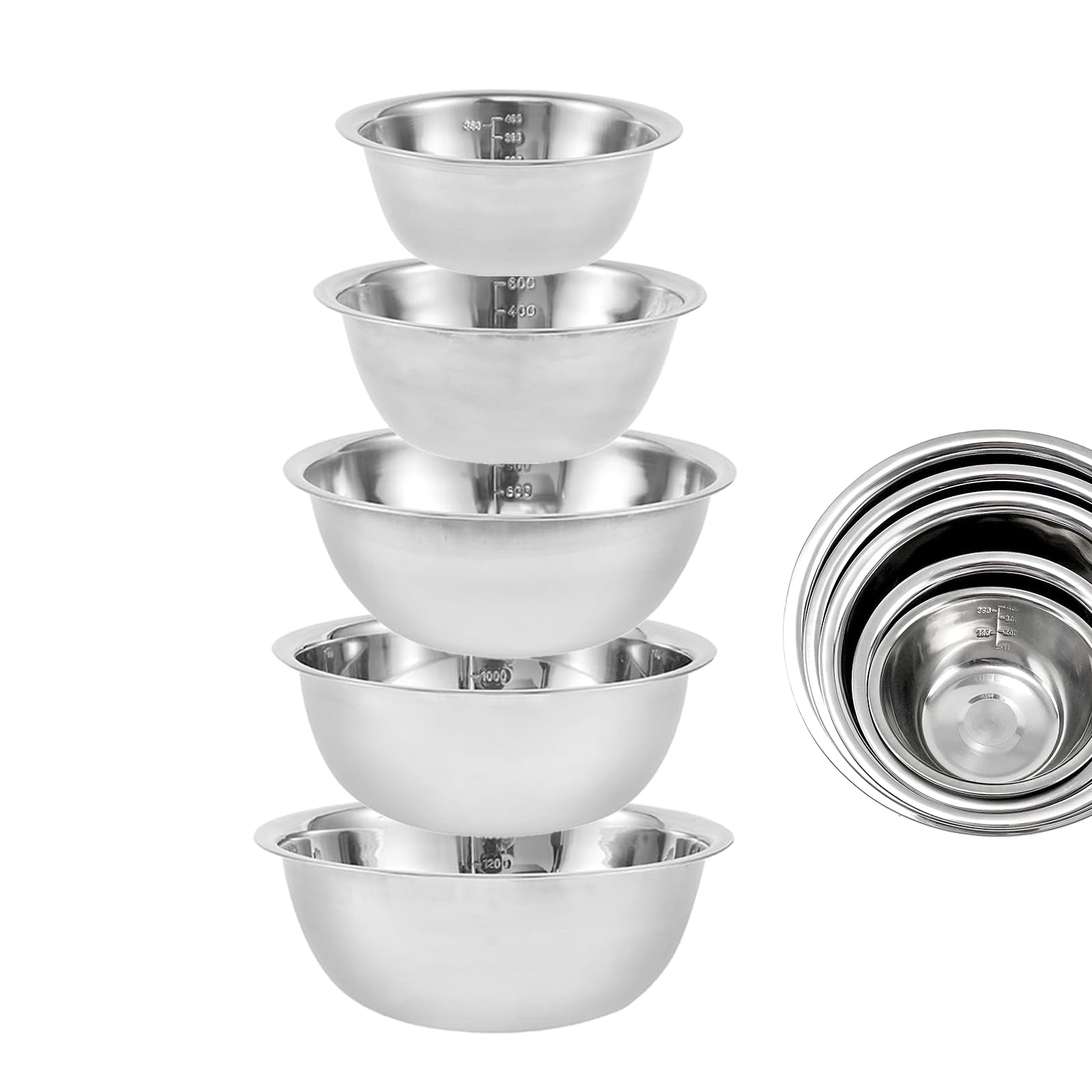 Yumzxin 5 Piece Stainless Steel Mixing Bowls Set, Nesting Bowls with Measurement Markers for Cooking, Baking, Serving, Food/Salad Prep